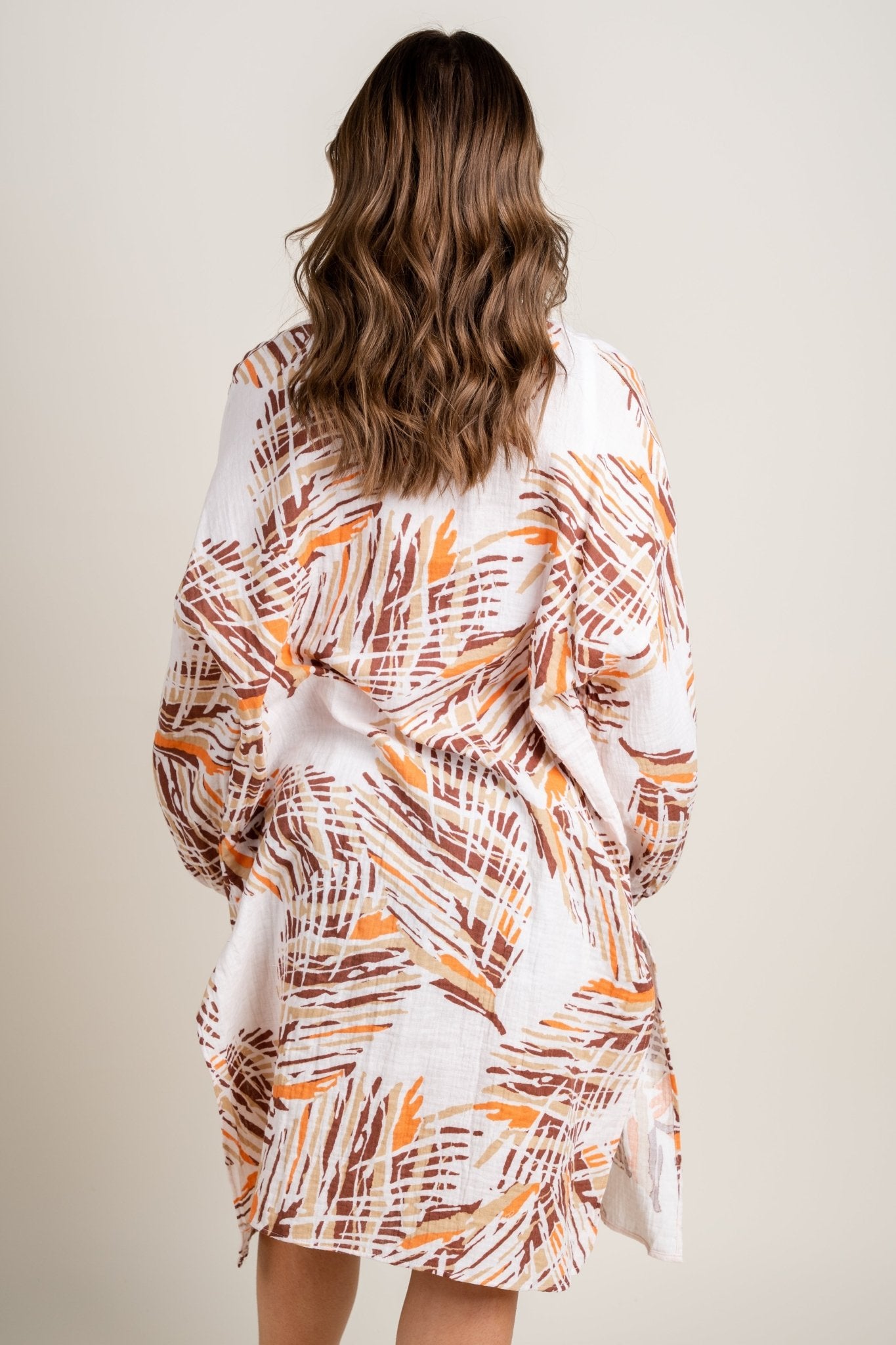 Printed long sleeve kimono orange/brown - Adorable Kimonos - Stylish Vacation T-Shirts at Lush Fashion Lounge Boutique in Oklahoma City