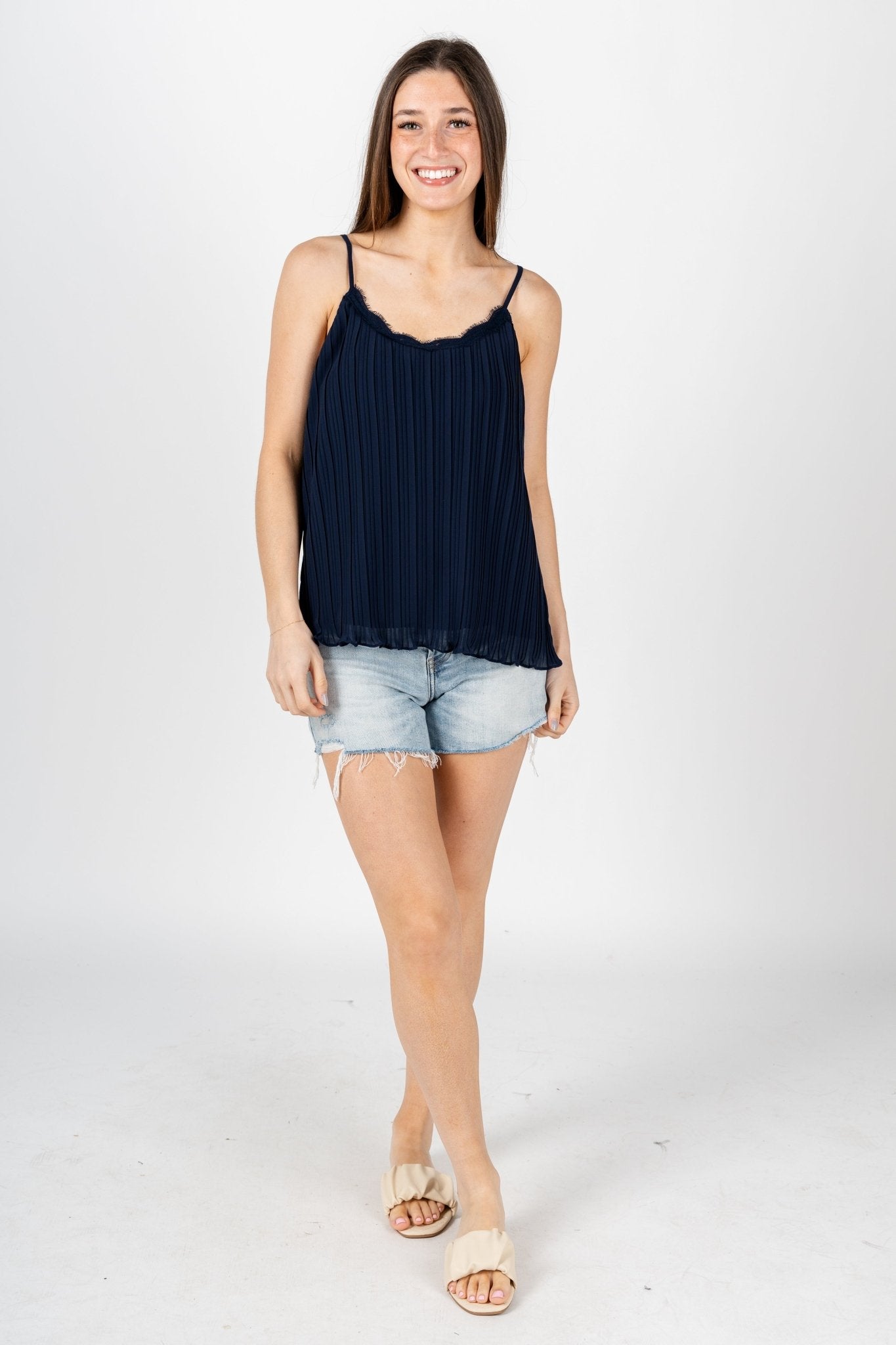 Pleated lace cami tank top navy - Stylish sweater - Trendy American Summer Fashion at Lush Fashion Lounge Boutique in Oklahoma