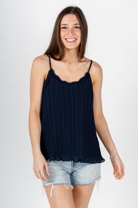 Pleated lace cami tank top navy - Cute sweater - Fun American Summer Outfits at Lush Fashion Lounge Boutique in Oklahoma City
