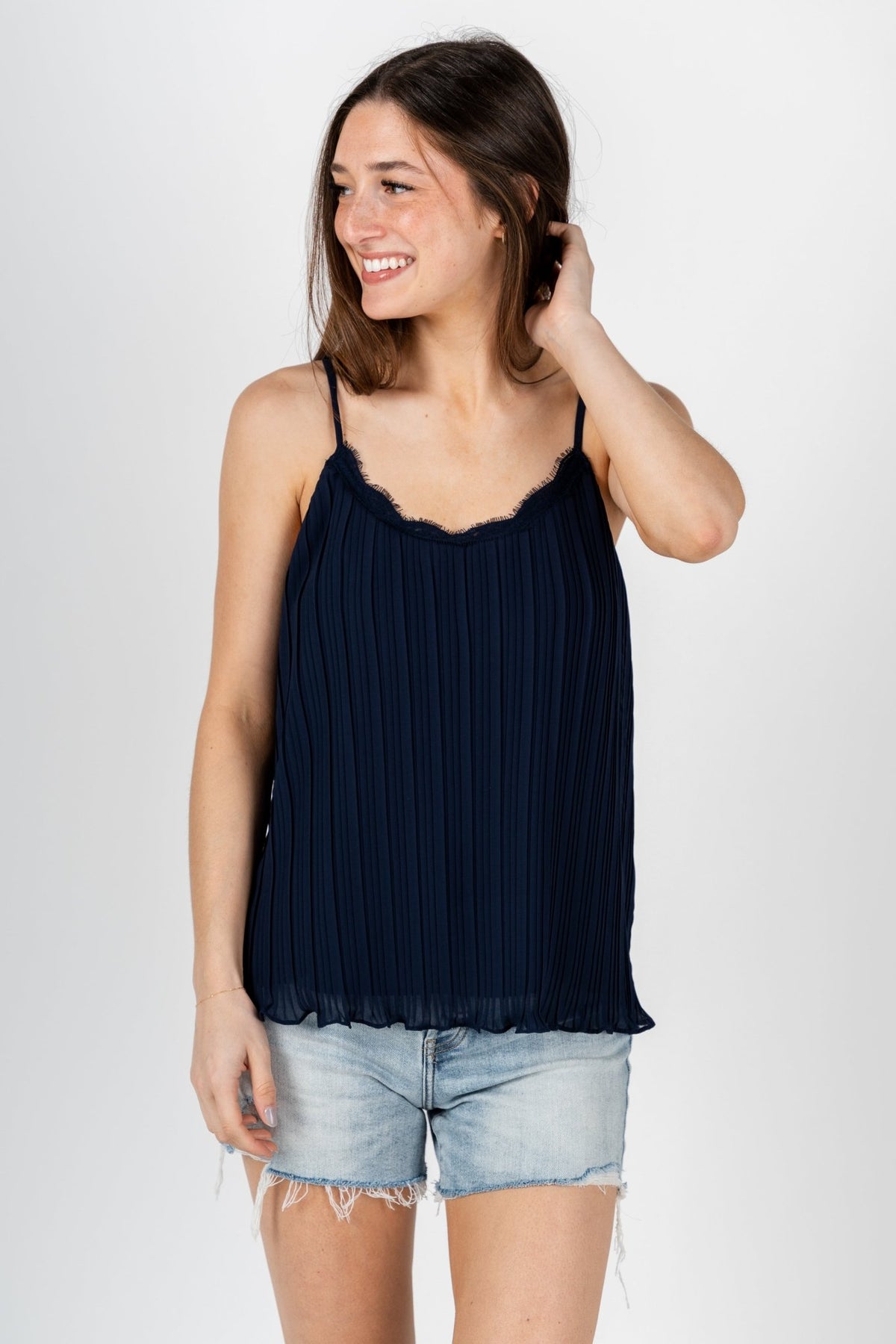 Pleated lace cami tank top navy - Trendy sweater - Cute American Summer Collection at Lush Fashion Lounge Boutique in Oklahoma City