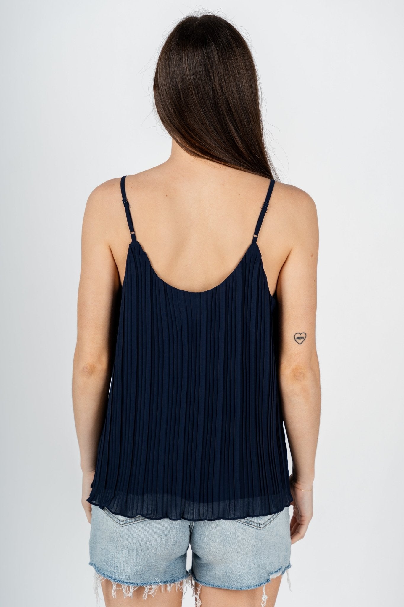 Pleated lace cami tank top navy - Adorable sweater - Stylish Patriotic Summer Graphic Tees at Lush Fashion Lounge Boutique in OKC