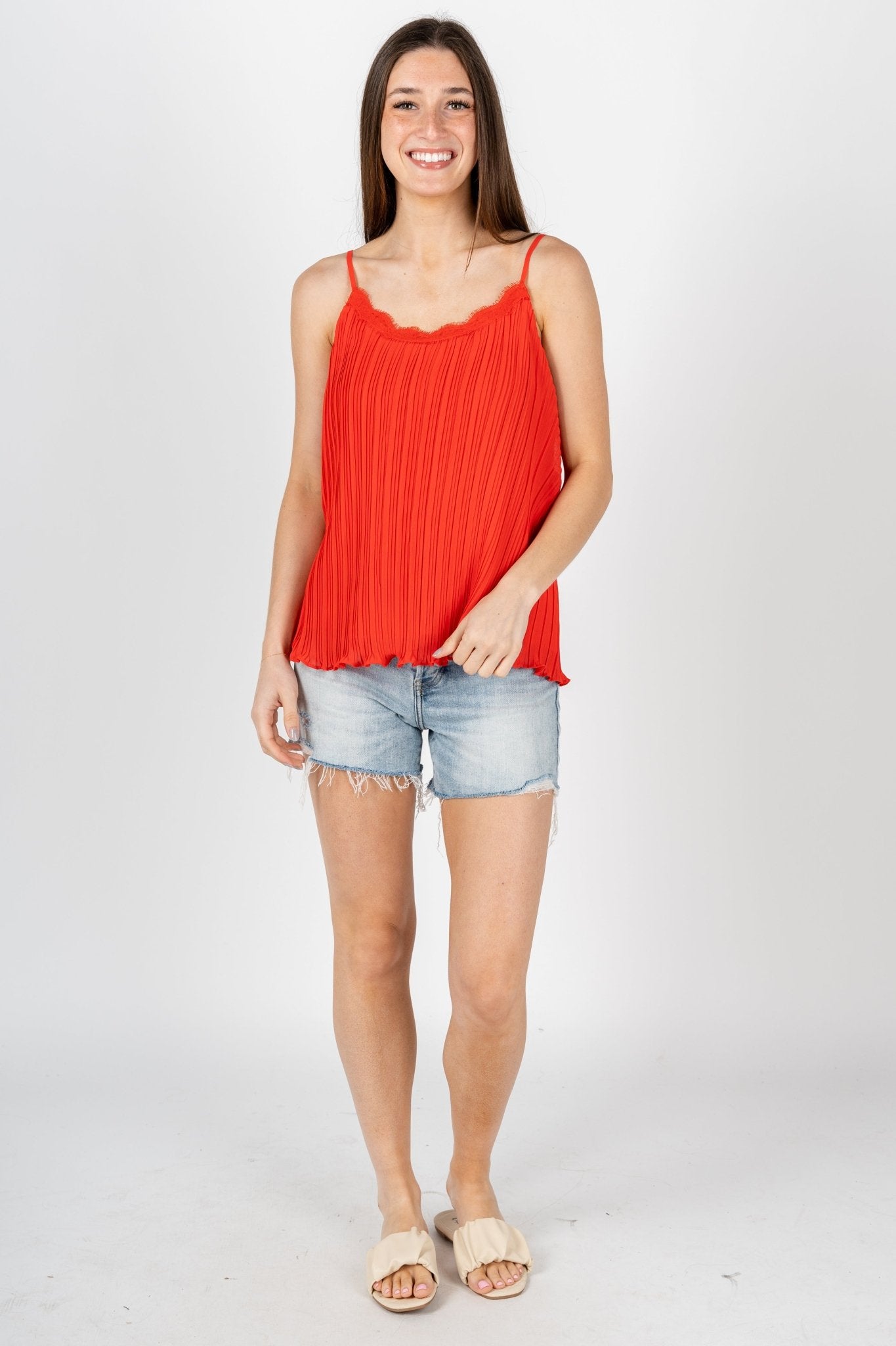 Pleated lace cami tank top coral red - Stylish sweater - Trendy American Summer Fashion at Lush Fashion Lounge Boutique in Oklahoma