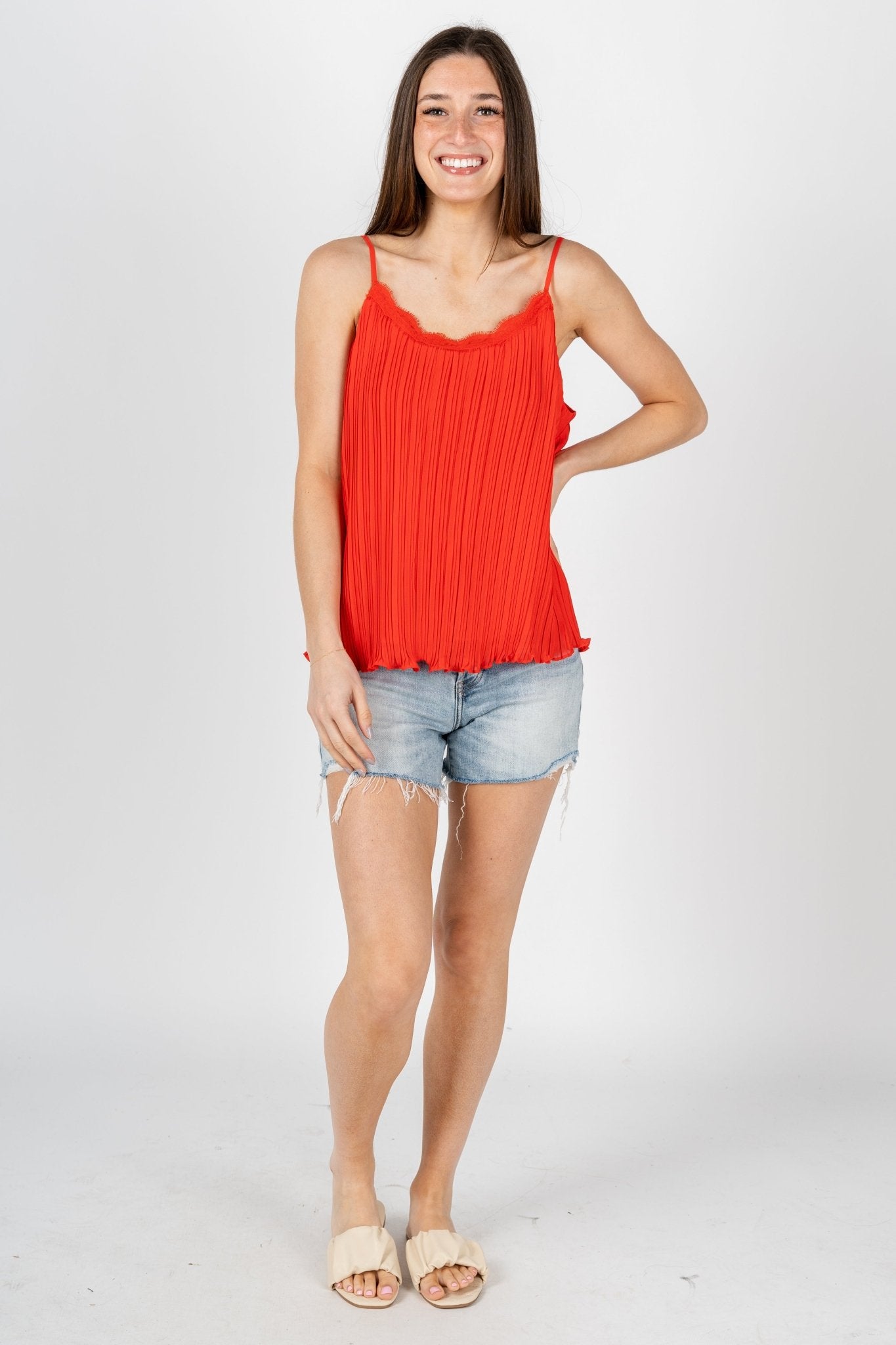 Pleated lace cami tank top off white  Trendy Tank Tops - Lush Fashion  Lounge