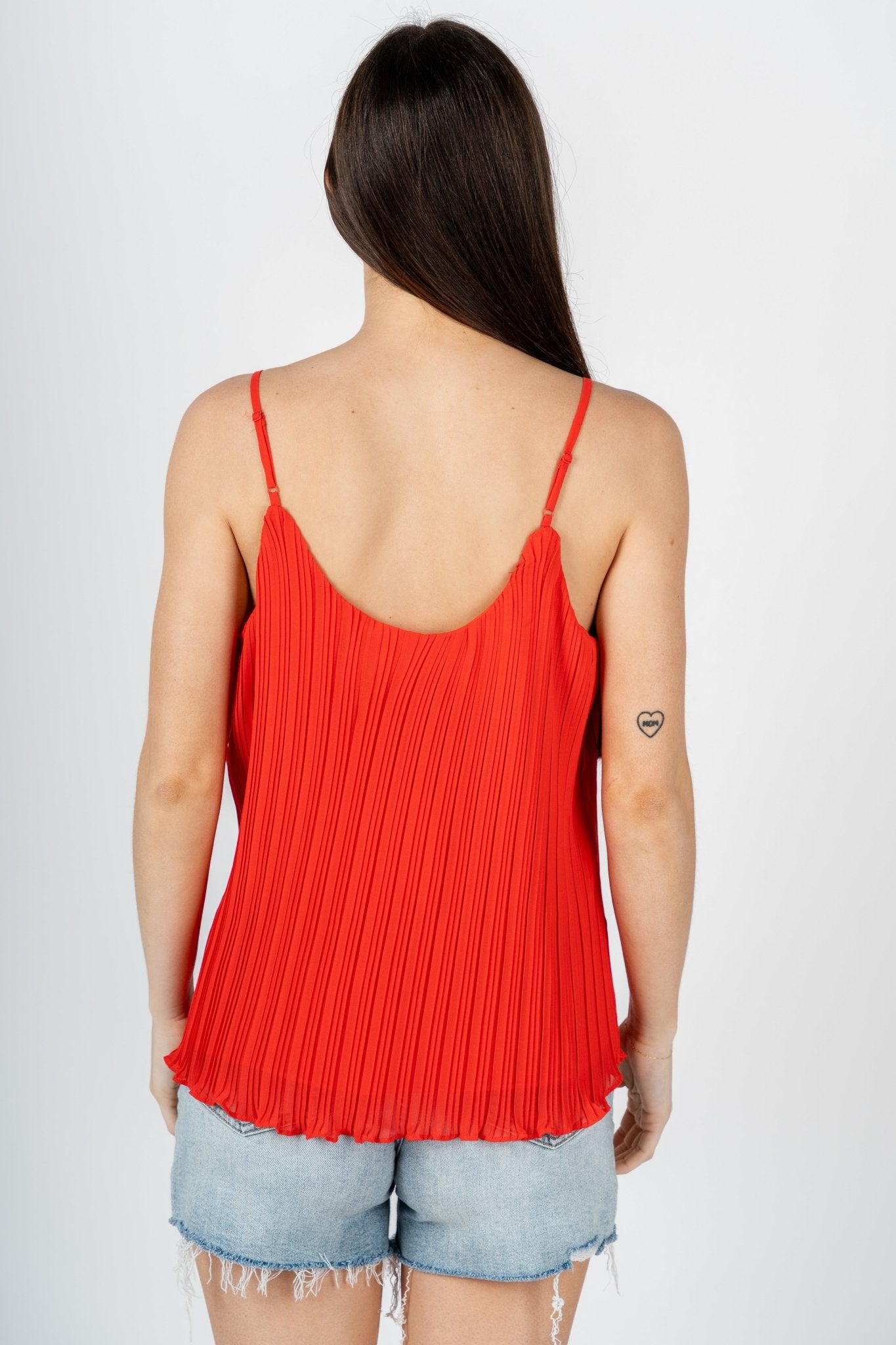 Pleated lace cami tank top coral red - Adorable sweater - Stylish Patriotic Summer Graphic Tees at Lush Fashion Lounge Boutique in OKC