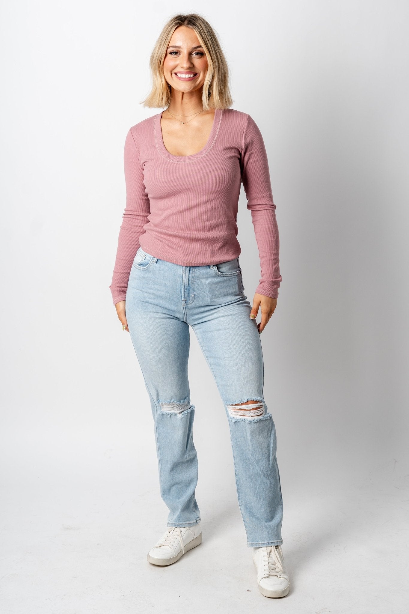 Z Supply Sirena ribbed long sleeve top misty mauve - Z Supply T-shirts - Z Supply Clothing at Lush Fashion Lounge Trendy Boutique Oklahoma City