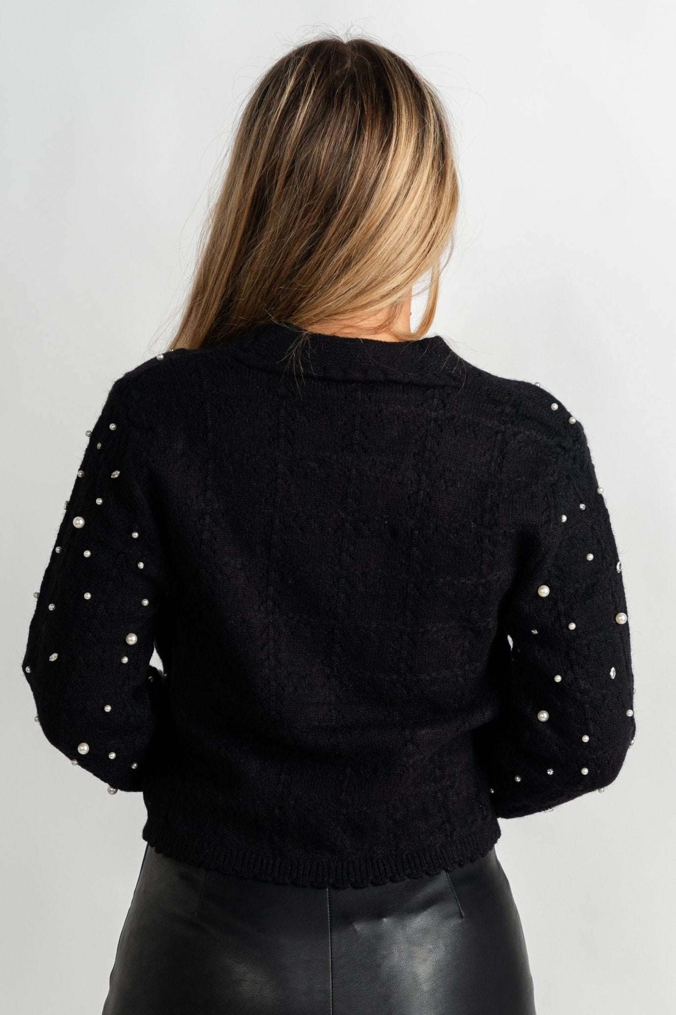 Pearl rhinestone sweater cardigan black