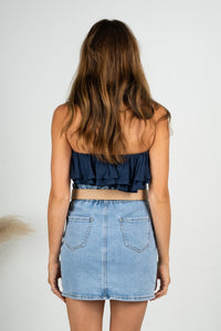 Solid strapless ruffle smocked tube bralette top navy - Affordable Top - Boutique Bras and Bralettes at Lush Fashion Lounge Boutique in Oklahoma City