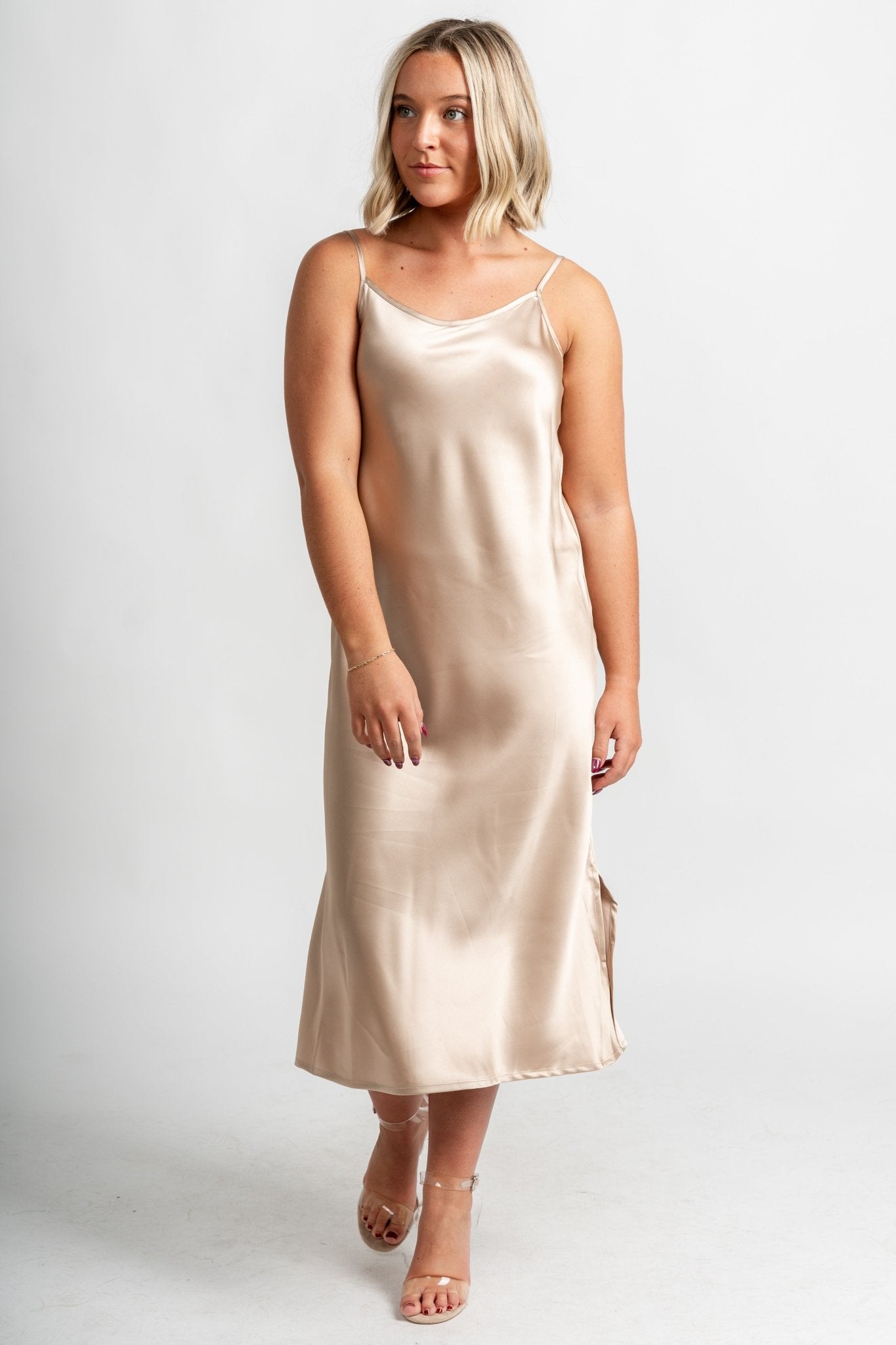 Satin slip midi dress Taupe Taupe / Small Satin slip midi dress Taupe Taupe / Small
