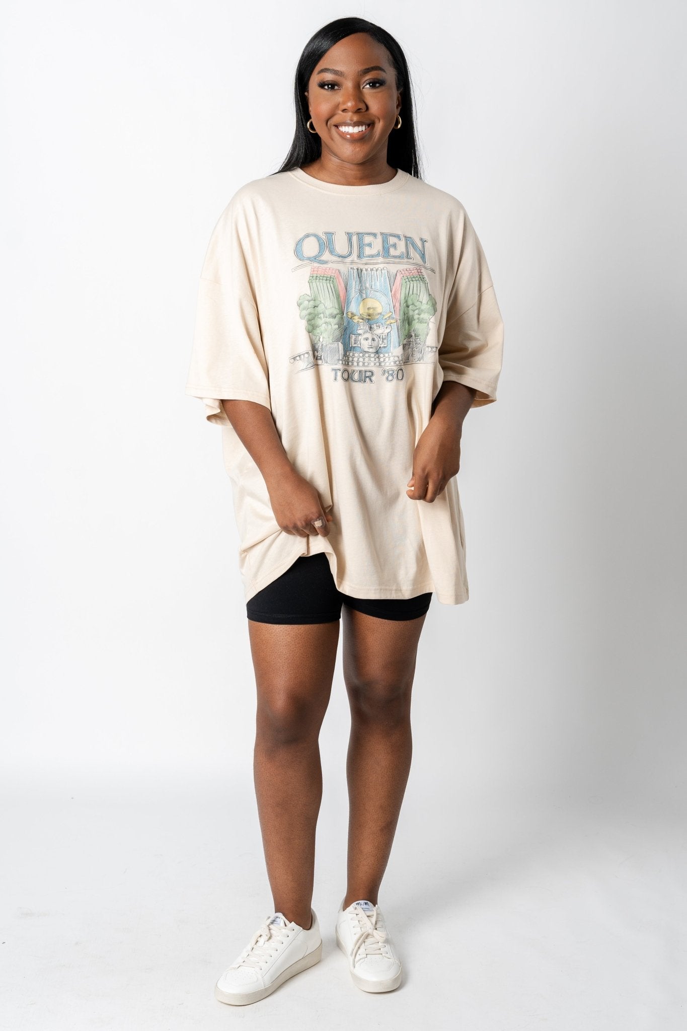Queen 1980 tour oversized graphic tee off white - Vintage Band T-Shirts and Sweatshirts at Lush Fashion Lounge Boutique in Oklahoma City
