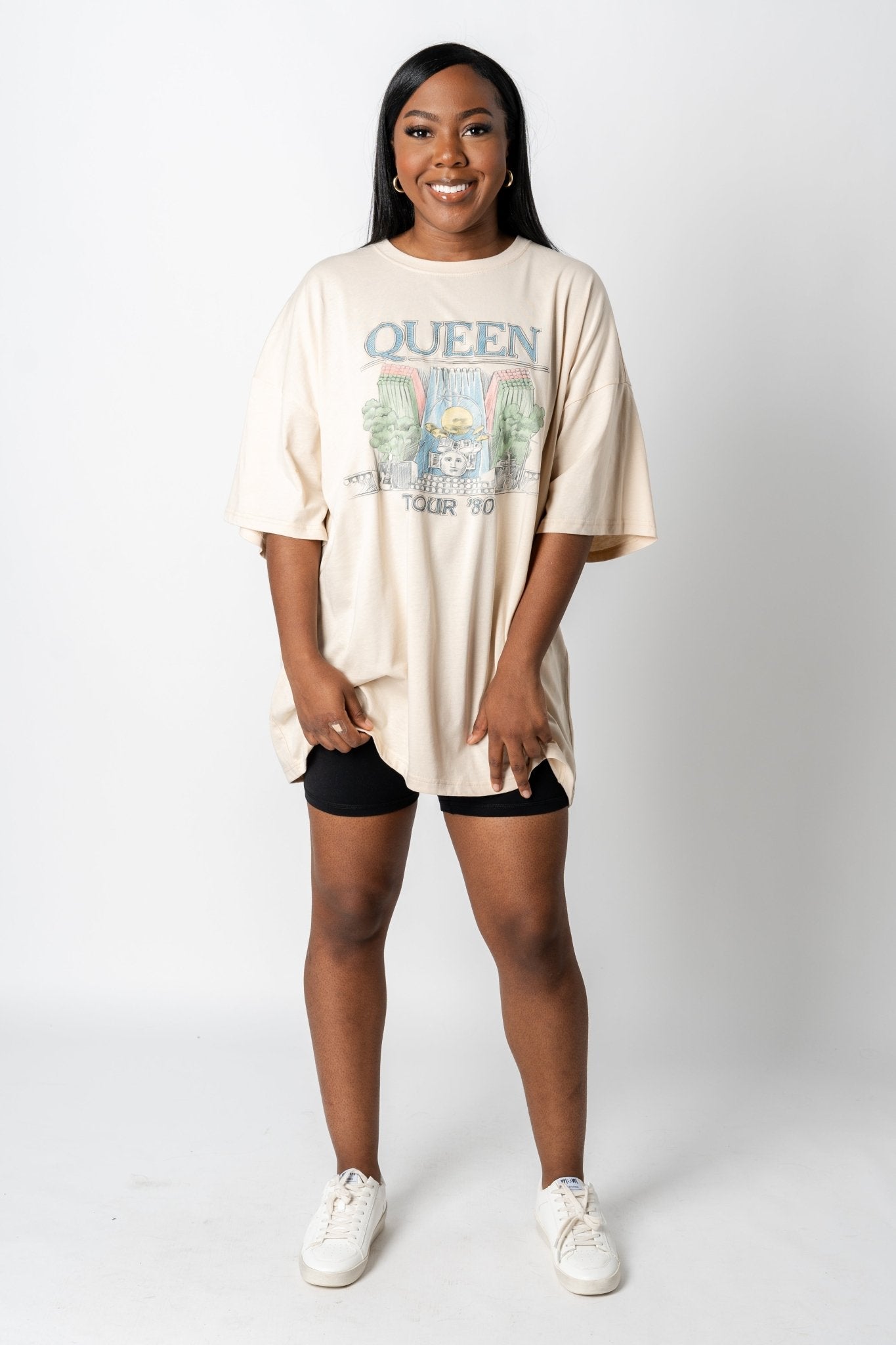 Queen 1980 tour oversized graphic tee off white | Trendy Tops 