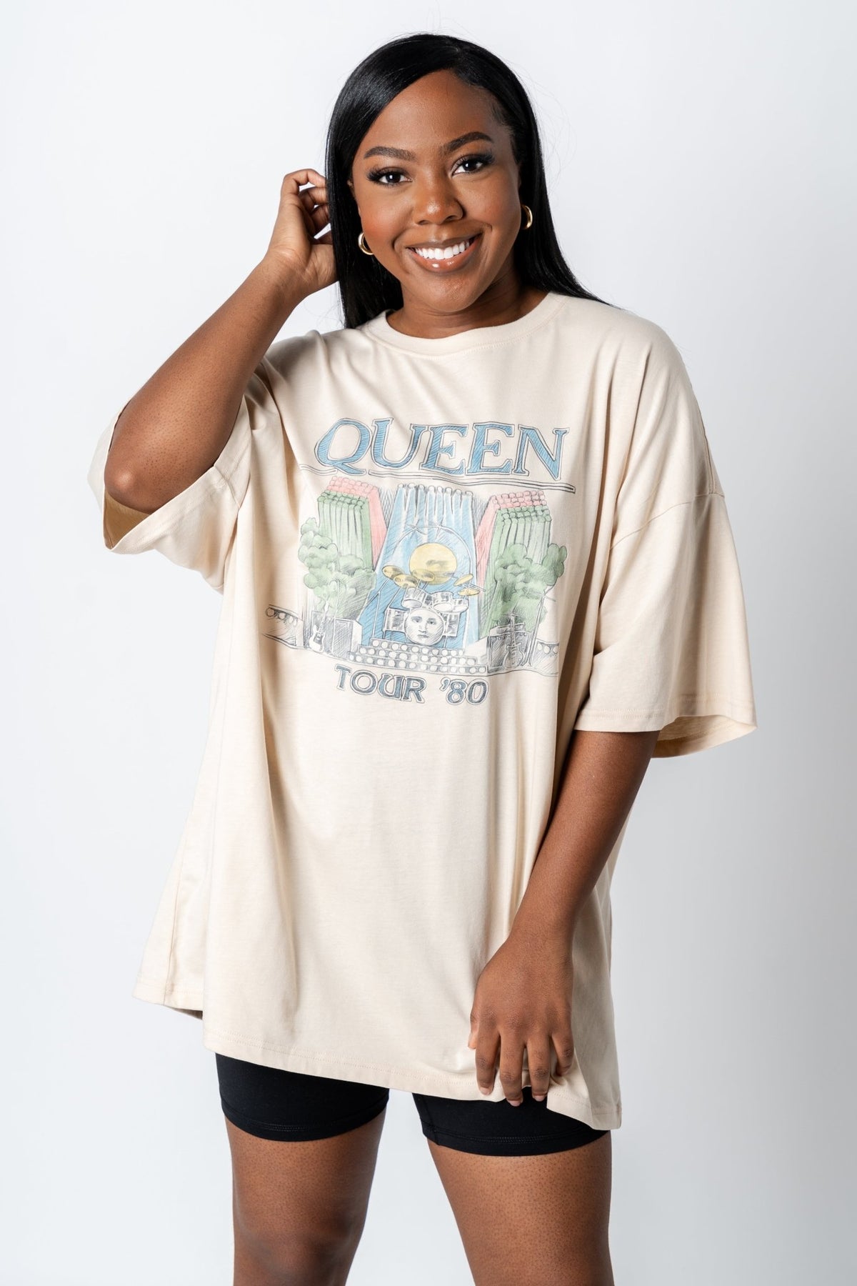 Queen 1980 tour oversized graphic tee off white - Trendy Band T-Shirts and Sweatshirts at Lush Fashion Lounge Boutique in Oklahoma City