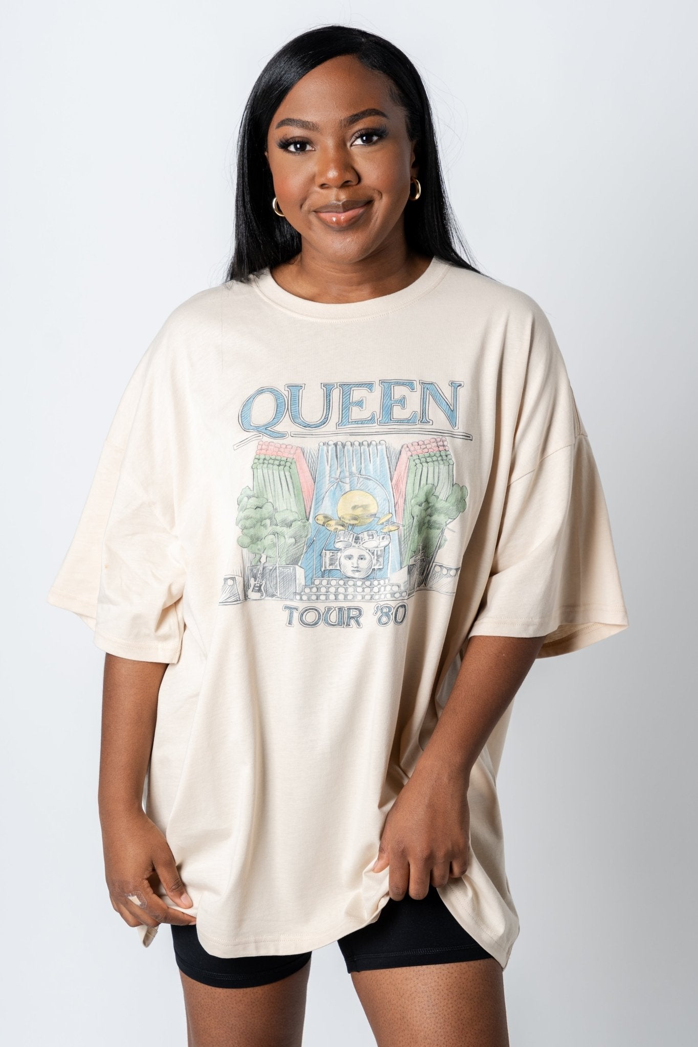 Queen 1980 tour oversized graphic tee off white - Stylish Band T-Shirts and Sweatshirts at Lush Fashion Lounge Boutique in Oklahoma City