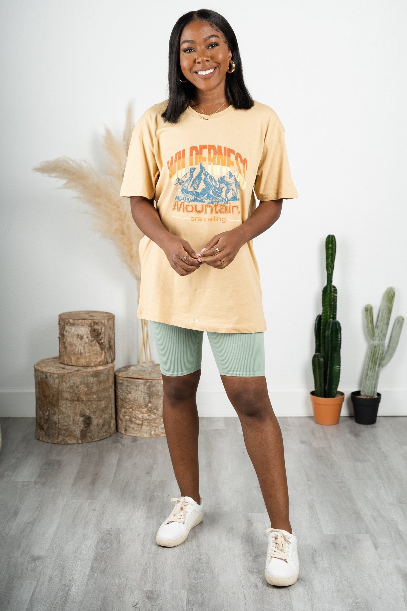 Mountains are calling oversized graphic tee vintage gold