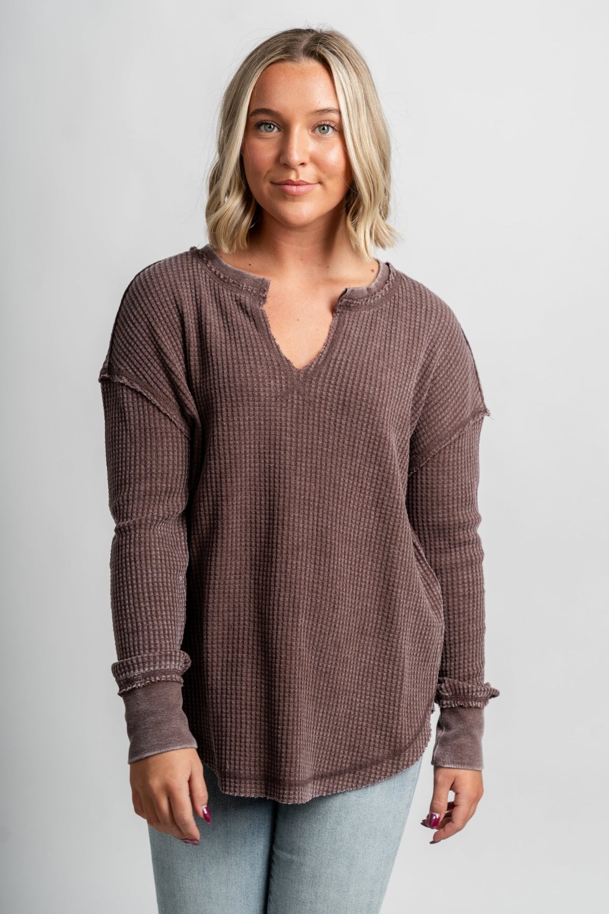 Z Supply thermal long sleeve top dark truffle - Z Supply top - Z Supply Tops, Dresses, Tanks, Tees, Cardigans, Joggers and Loungewear at Lush Fashion Lounge
