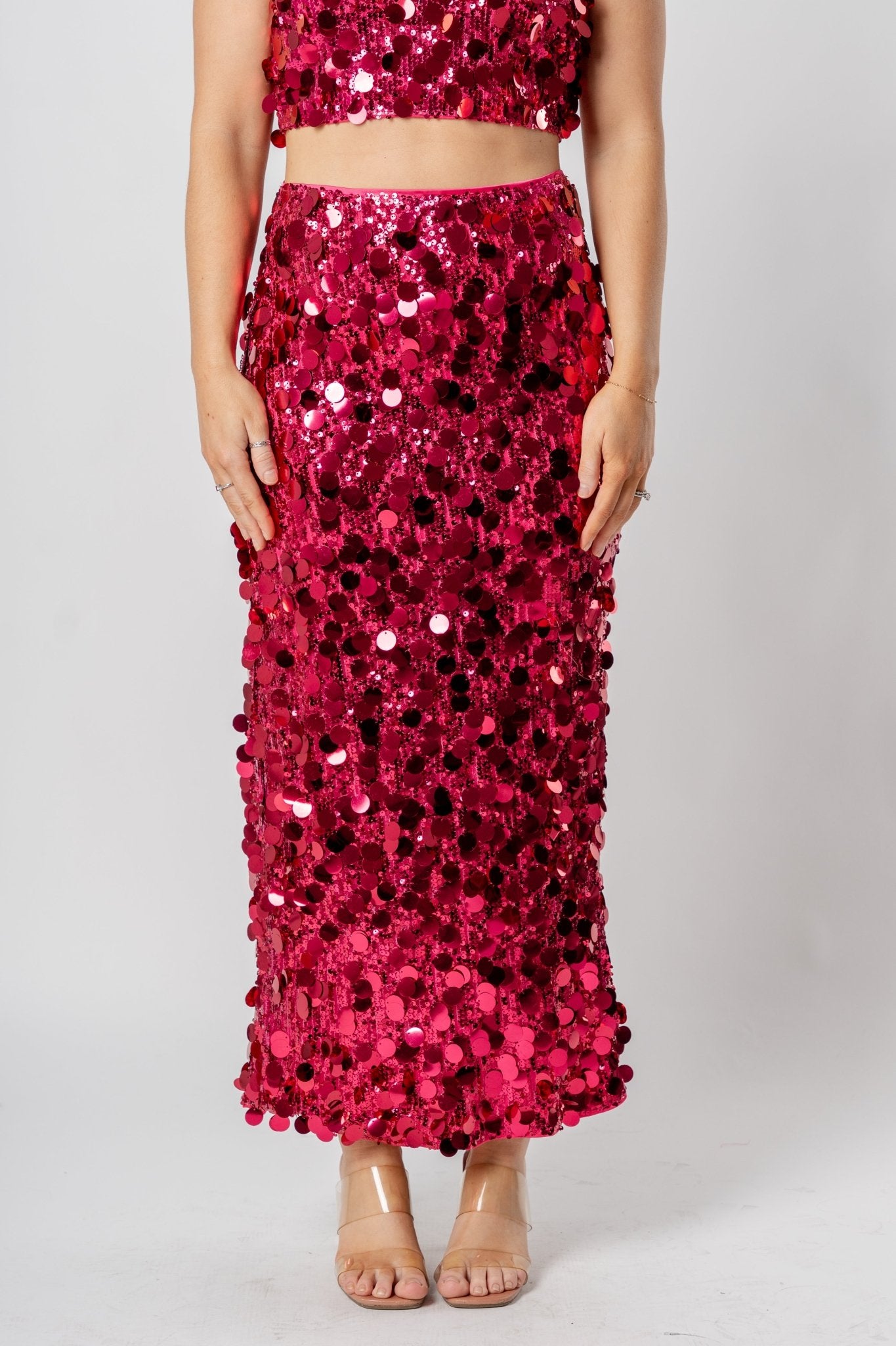 Sequin midi skirt pink - Affordable New Year's Eve Party Outfits at Lush Fashion Lounge Boutique in Oklahoma City