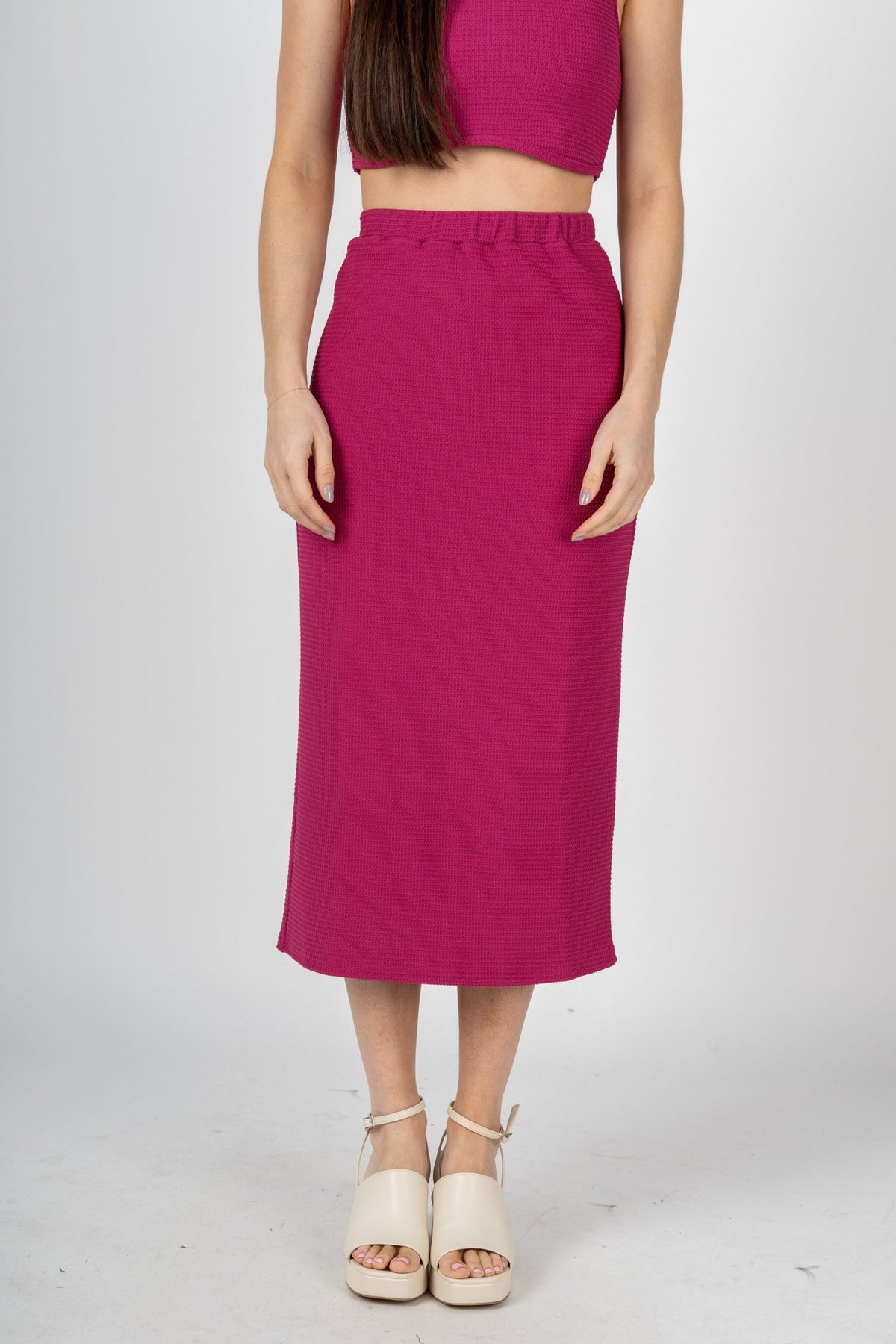 Knit midi skirt magenta | Lush Fashion Lounge: boutique fashion skirts, affordable boutique skirts, cute affordable skirts