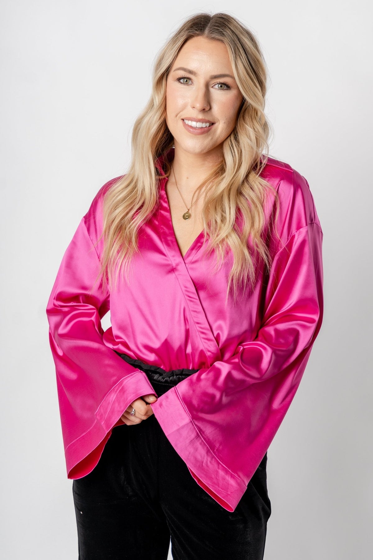 Satin shirt bodysuit magenta - Trendy New Year's Eve Outfits at Lush Fashion Lounge Boutique in Oklahoma City