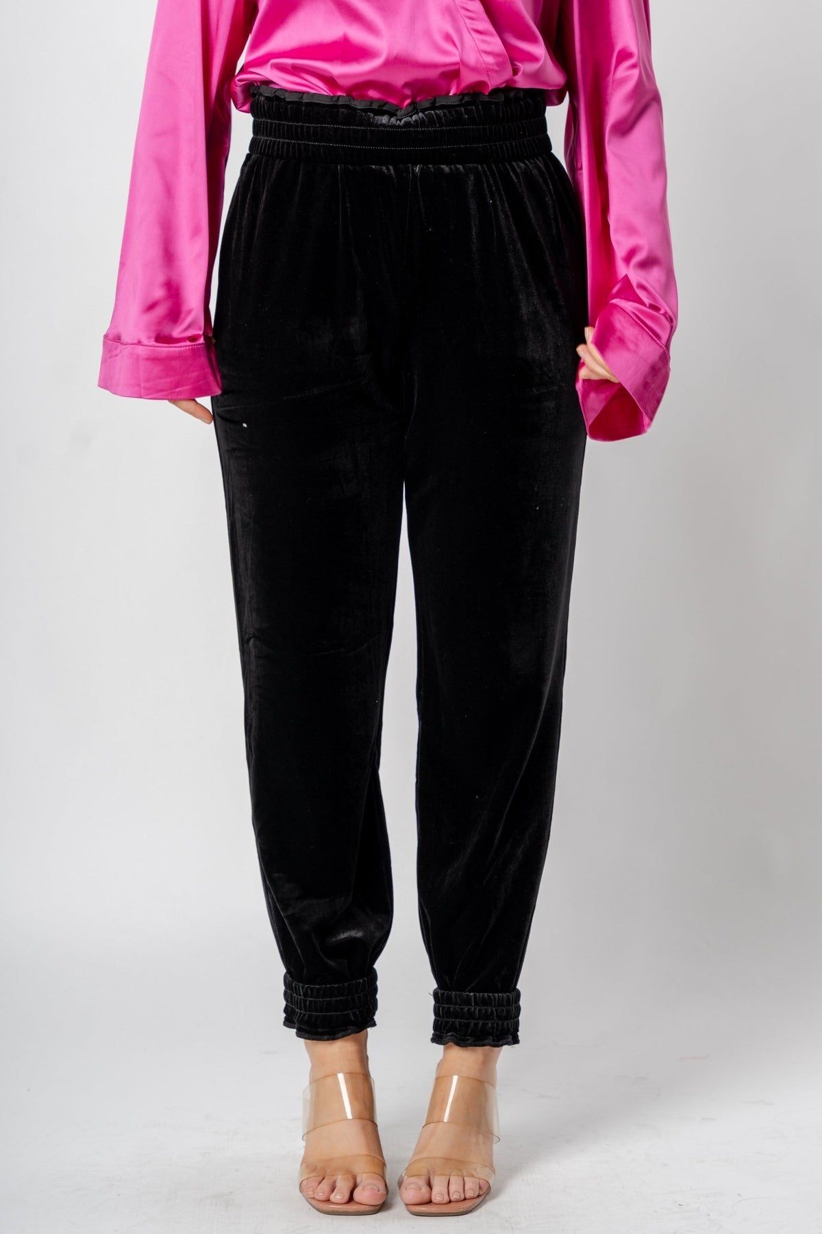 Velvet jogger pants black - Trendy New Year's Eve Outfits at Lush Fashion Lounge Boutique in Oklahoma City