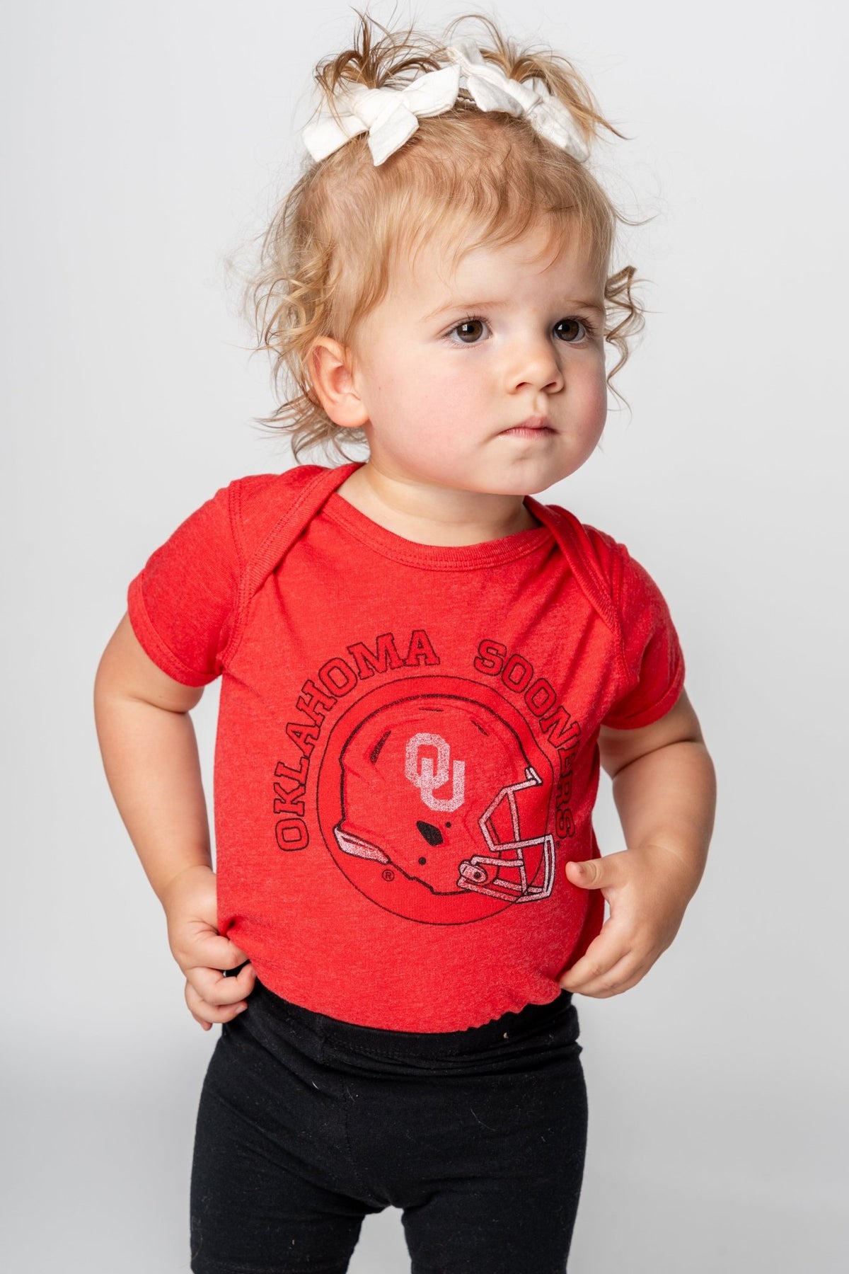 OU Kids OU helmet circle onesie red Onesie | Lush Fashion Lounge Trendy Oklahoma University Sooners Apparel & Cute Gameday T-Shirts