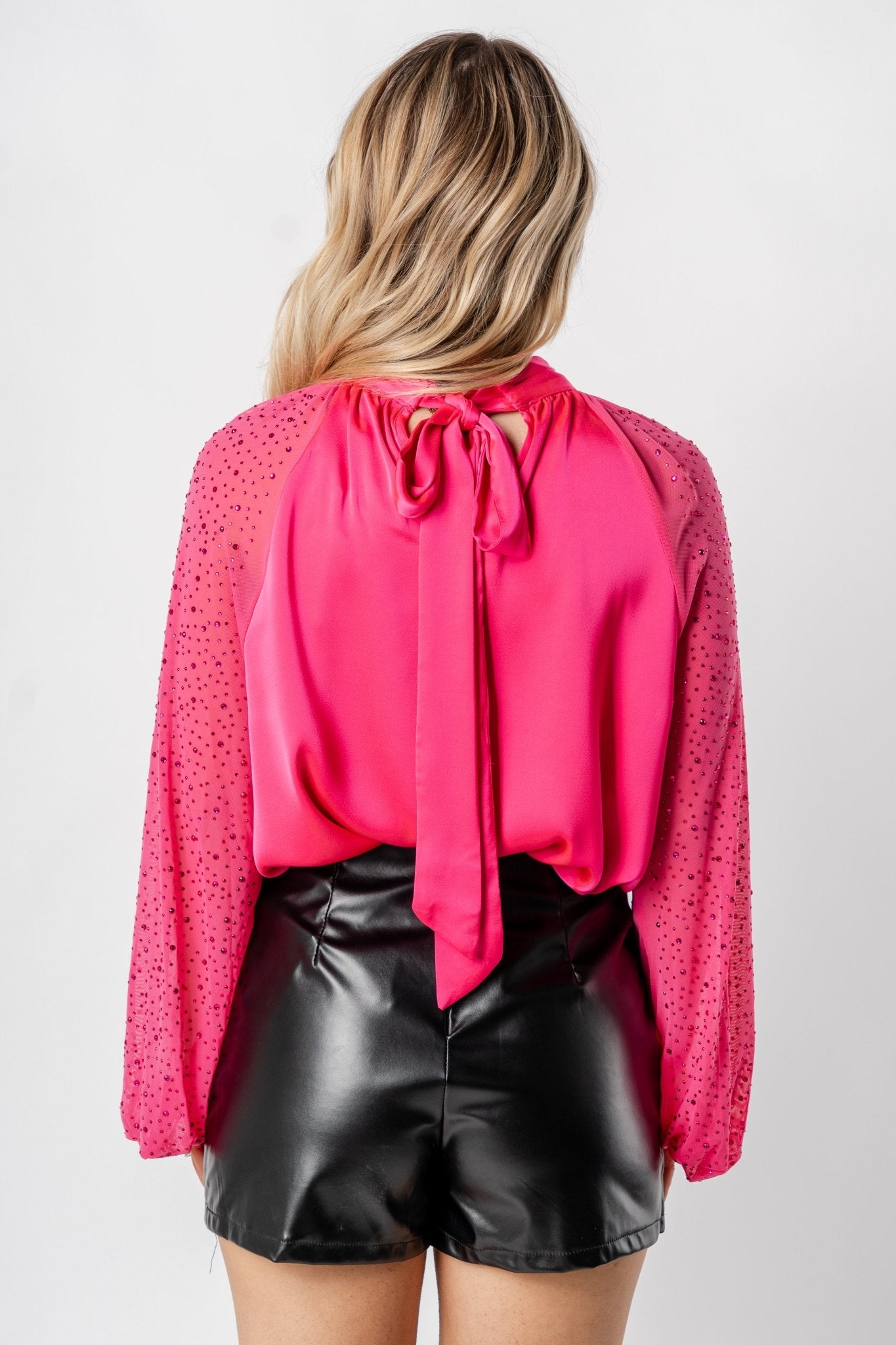 Rhinestone satin blouse pink - Trendy New Year's Eve Dresses, Skirts, Kimonos and Sequins at Lush Fashion Lounge Boutique in Oklahoma City