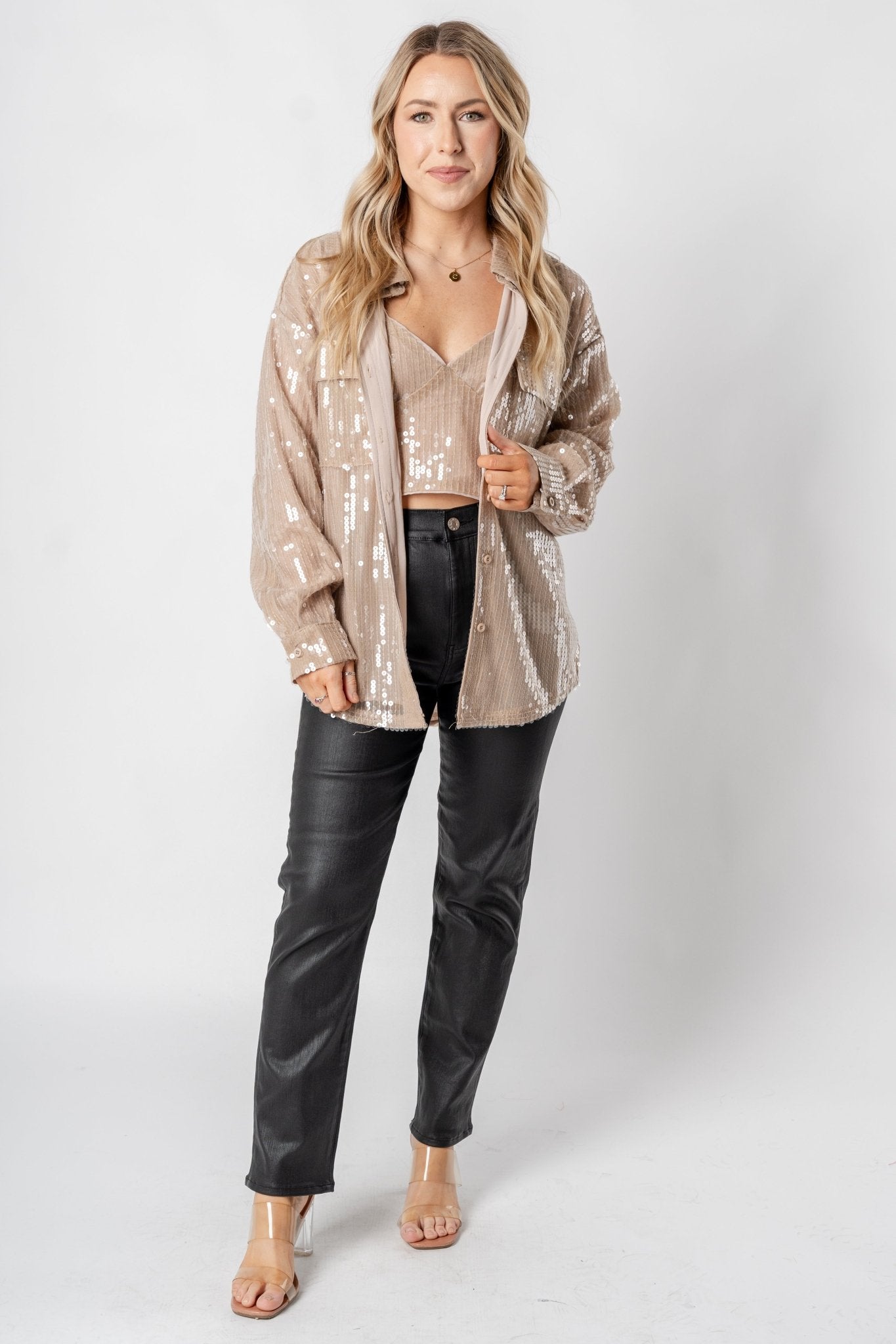 Sequin long sleeve button up top taupe - Affordable New Year's Eve Party Outfits at Lush Fashion Lounge Boutique in Oklahoma City