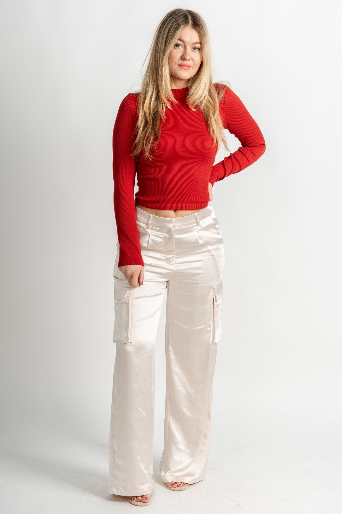Myra satin cargo pants pearl - Trendy Valentine's T-Shirts at Lush Fashion Lounge Boutique in Oklahoma City