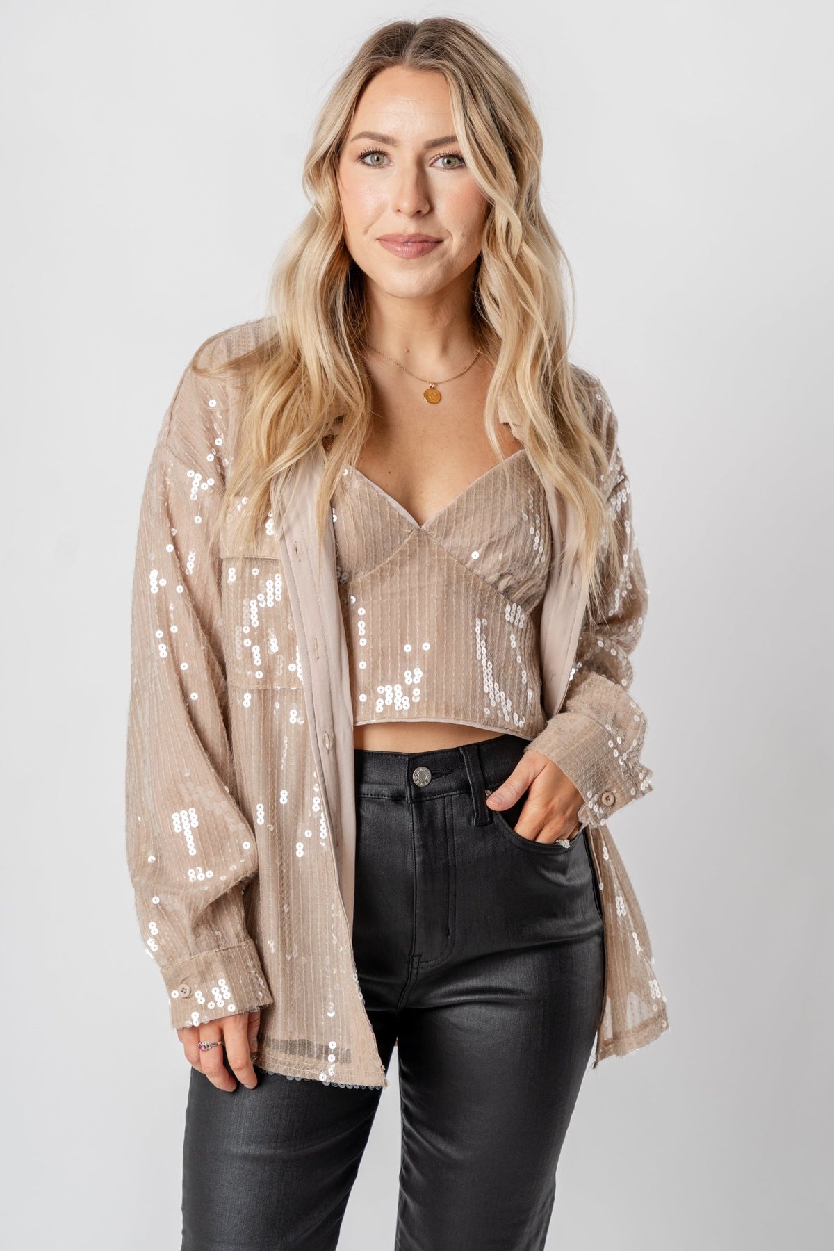 Sequin long sleeve button up top taupe - Trendy New Year's Eve Outfits at Lush Fashion Lounge Boutique in Oklahoma City
