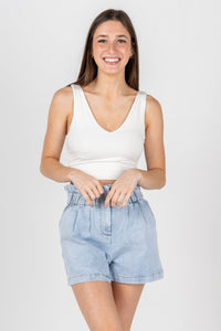 Paper bag waist shorts chambray Stylish Shorts - Womens Fashion Shorts at Lush Fashion Lounge Boutique in Oklahoma City