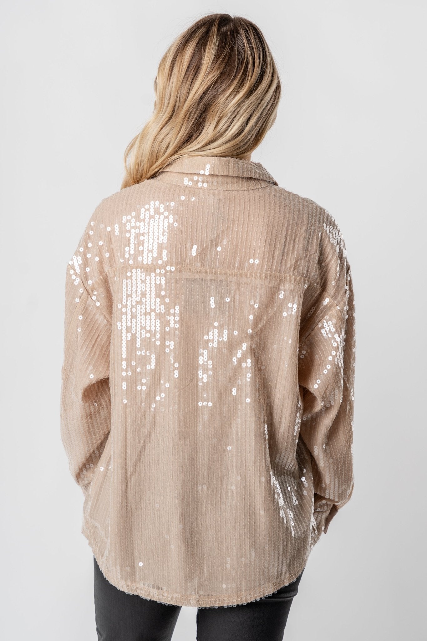Sequin long sleeve button up top taupe - Trendy New Year's Eve Dresses, Skirts, Kimonos and Sequins at Lush Fashion Lounge Boutique in Oklahoma City