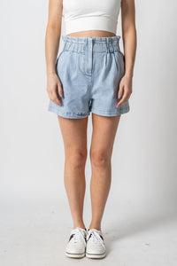 Paper bag waist shorts chambray - Affordable Shorts - Boutique Shorts at Lush Fashion Lounge Boutique in Oklahoma City