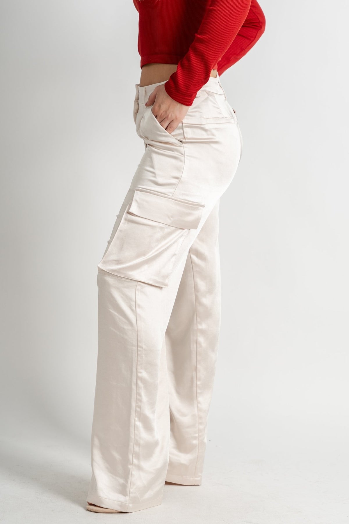 Myra satin cargo pants pearl - Trendy T-Shirts for Valentine's Day at Lush Fashion Lounge Boutique in Oklahoma City