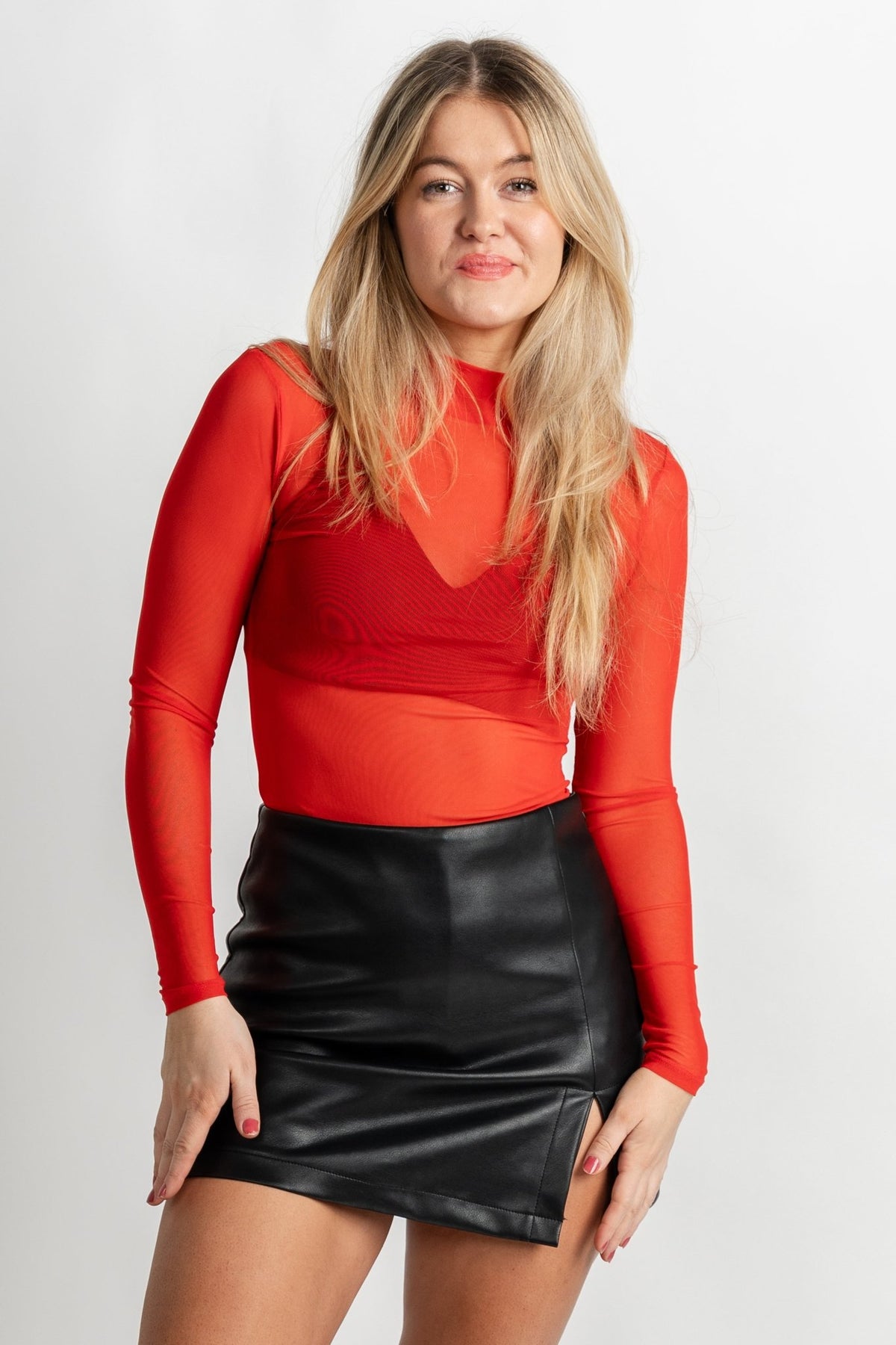 Long sleeve mesh bodysuit red - Trendy T-Shirts for Valentine's Day at Lush Fashion Lounge Boutique in Oklahoma City