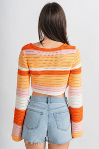 Crochet striped sweater orange combo – Unique Sweaters | Lounging Sweaters and Womens Fashion Sweaters at Lush Fashion Lounge Boutique in Oklahoma City