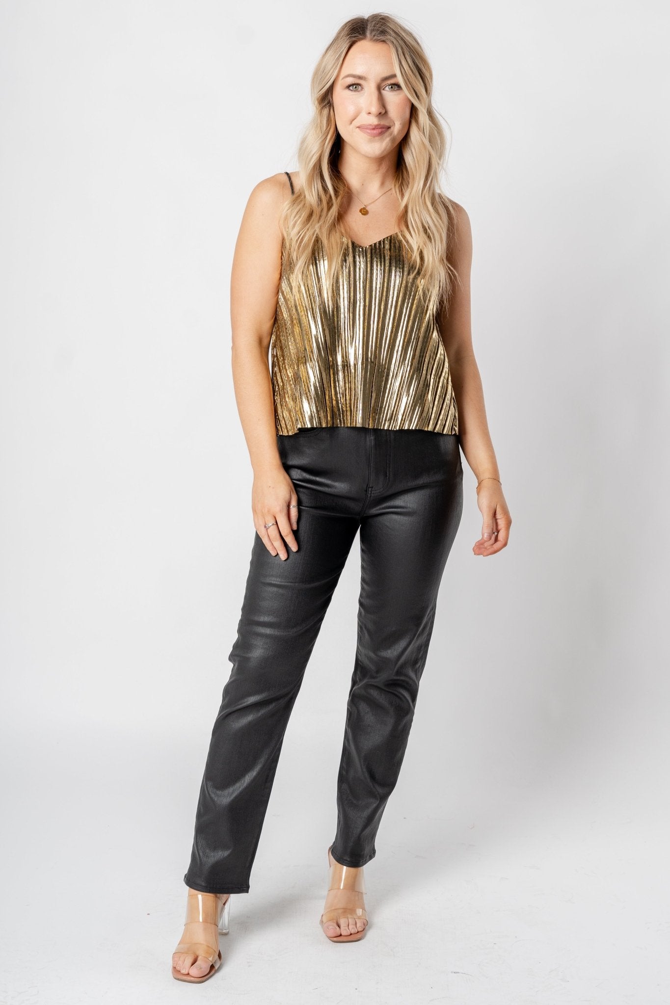 Metallic cami tank top gold/black - Affordable New Year's Eve Party Outfits at Lush Fashion Lounge Boutique in Oklahoma City