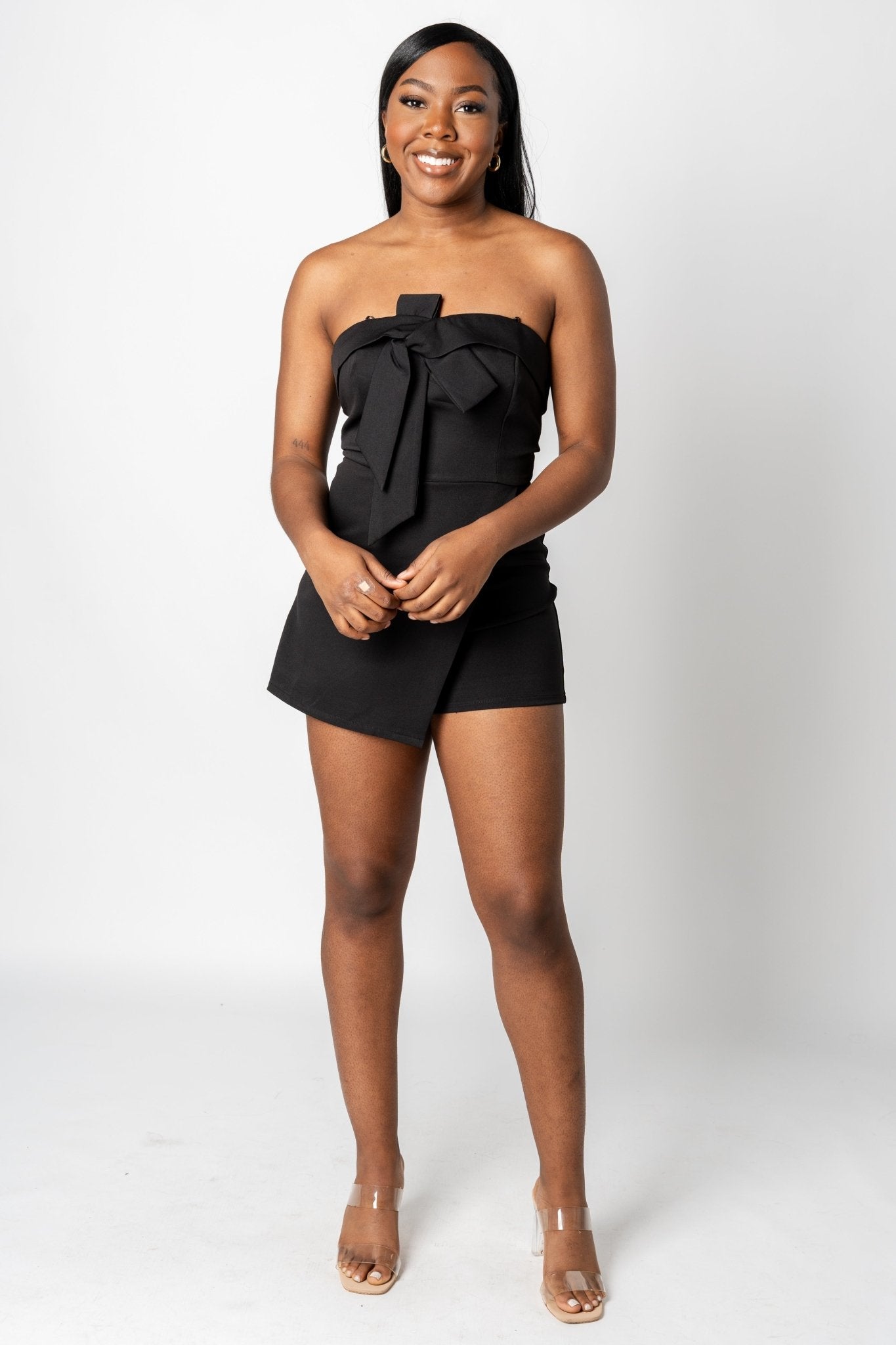 Bow front romper black - Stylish Romper - Trendy Staycation Outfits at Lush Fashion Lounge Boutique in Oklahoma City