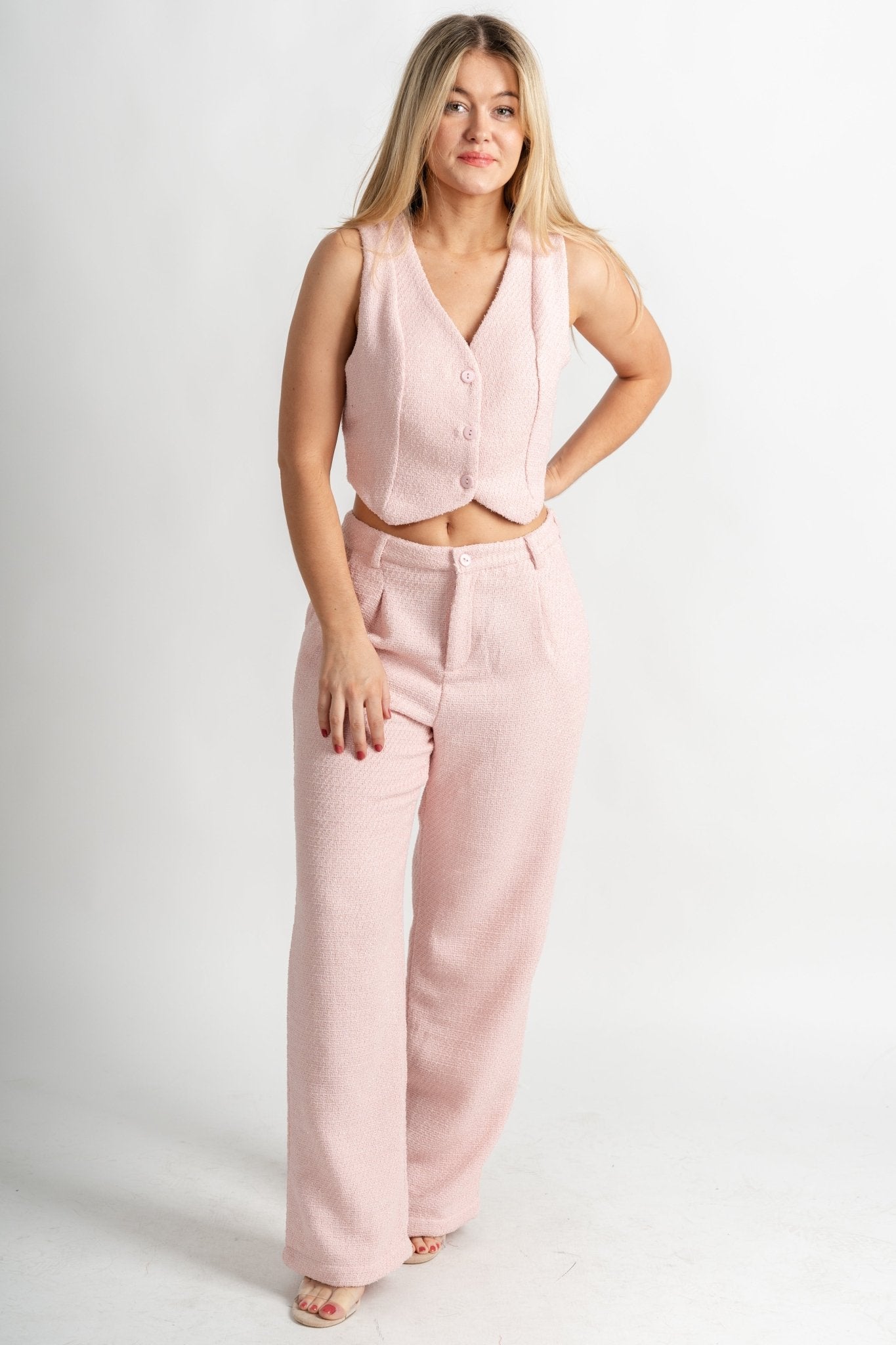 Tweed shimmer wide leg pants soft pink - Trendy Valentine's T-Shirts at Lush Fashion Lounge Boutique in Oklahoma City
