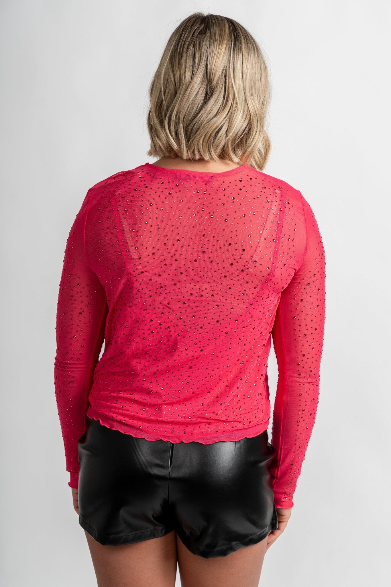 Rhinestone mesh long sleeve top cabernet pink - Unique Valentine's Day T-Shirt Designs at Lush Fashion Lounge Boutique in Oklahoma City