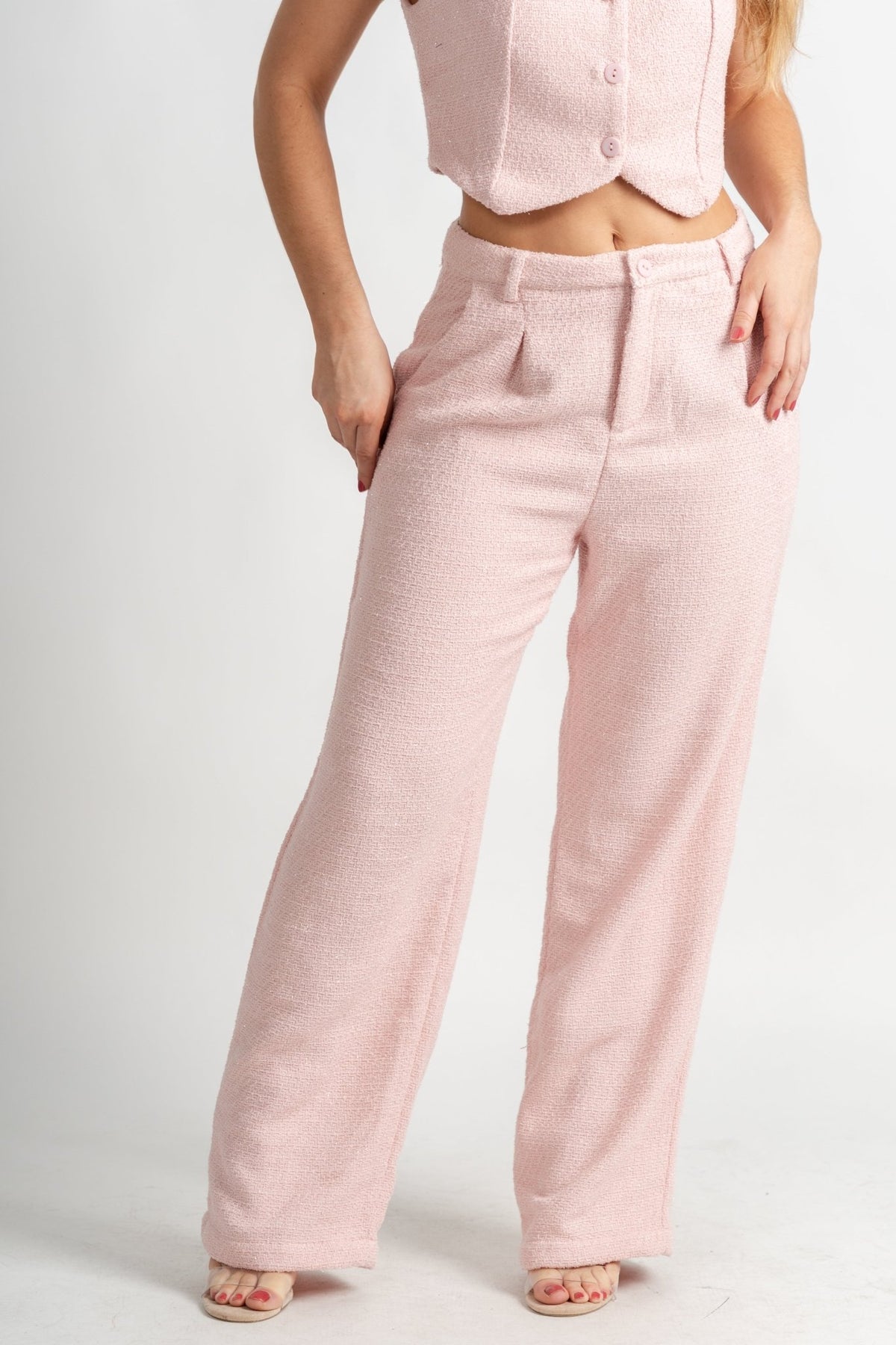 Tweed shimmer wide leg pants soft pink - Trendy T-Shirts for Valentine's Day at Lush Fashion Lounge Boutique in Oklahoma City