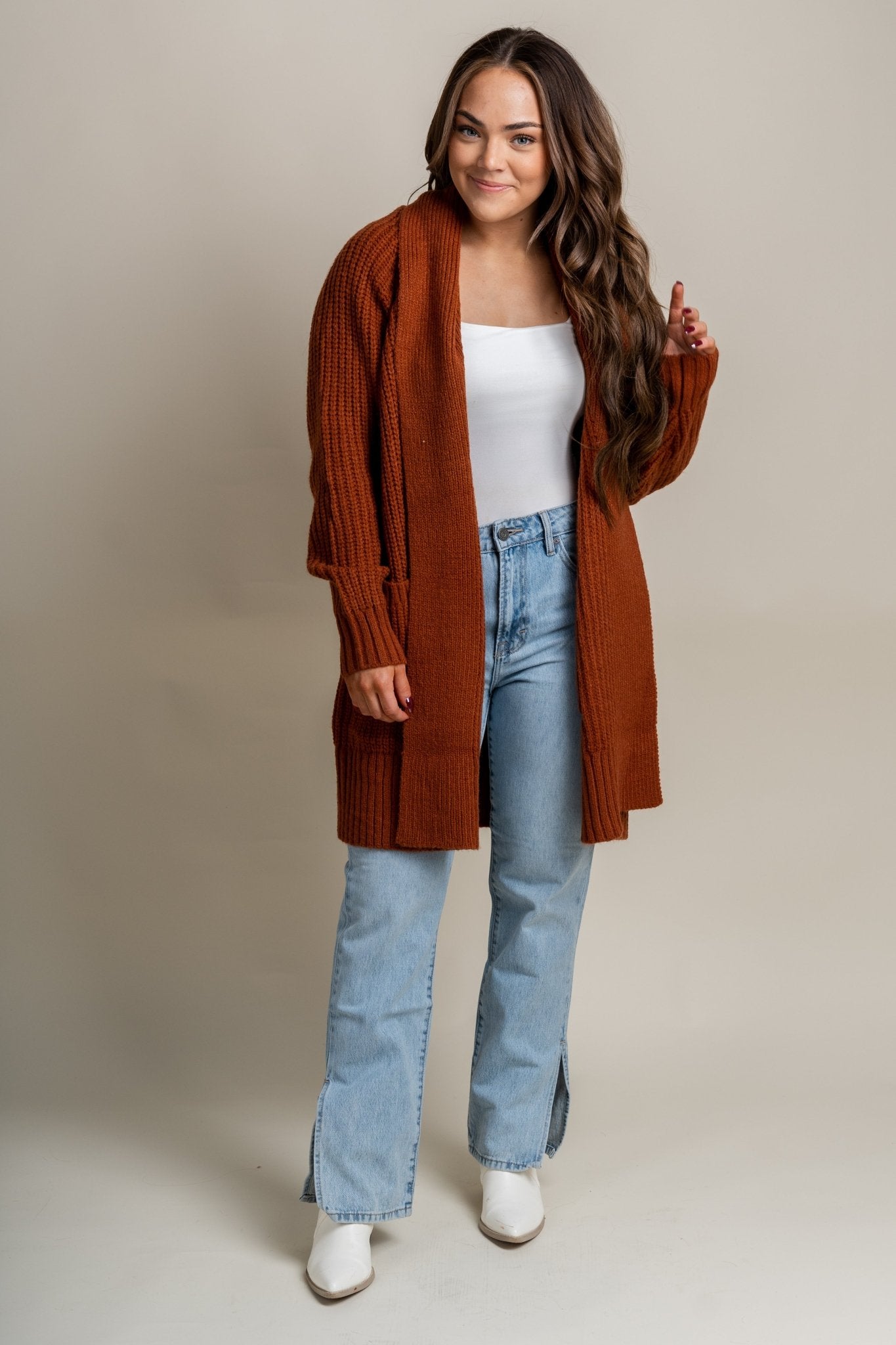 Open front knit cardigan chestnut - Trendy Cardigan - Fashion Cardigans & Cute Kimonos at Lush Fashion Lounge Boutique in Oklahoma City