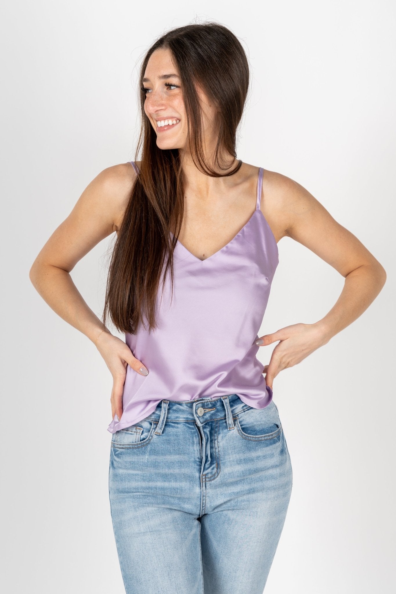 Sleek satin cami tank top lilac - Affordable Tank Top - Boutique Tank Tops at Lush Fashion Lounge Boutique in Oklahoma City