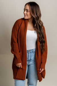 Open front knit cardigan chestnut - Affordable Cardigan - Boutique Cardigans & Trendy Kimonos at Lush Fashion Lounge Boutique in Oklahoma City