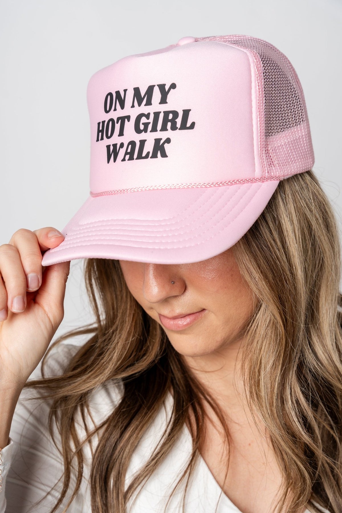 On my hot girl walk trucker hat light pink - Trendy Hats at Lush Fashion Lounge Boutique in Oklahoma City