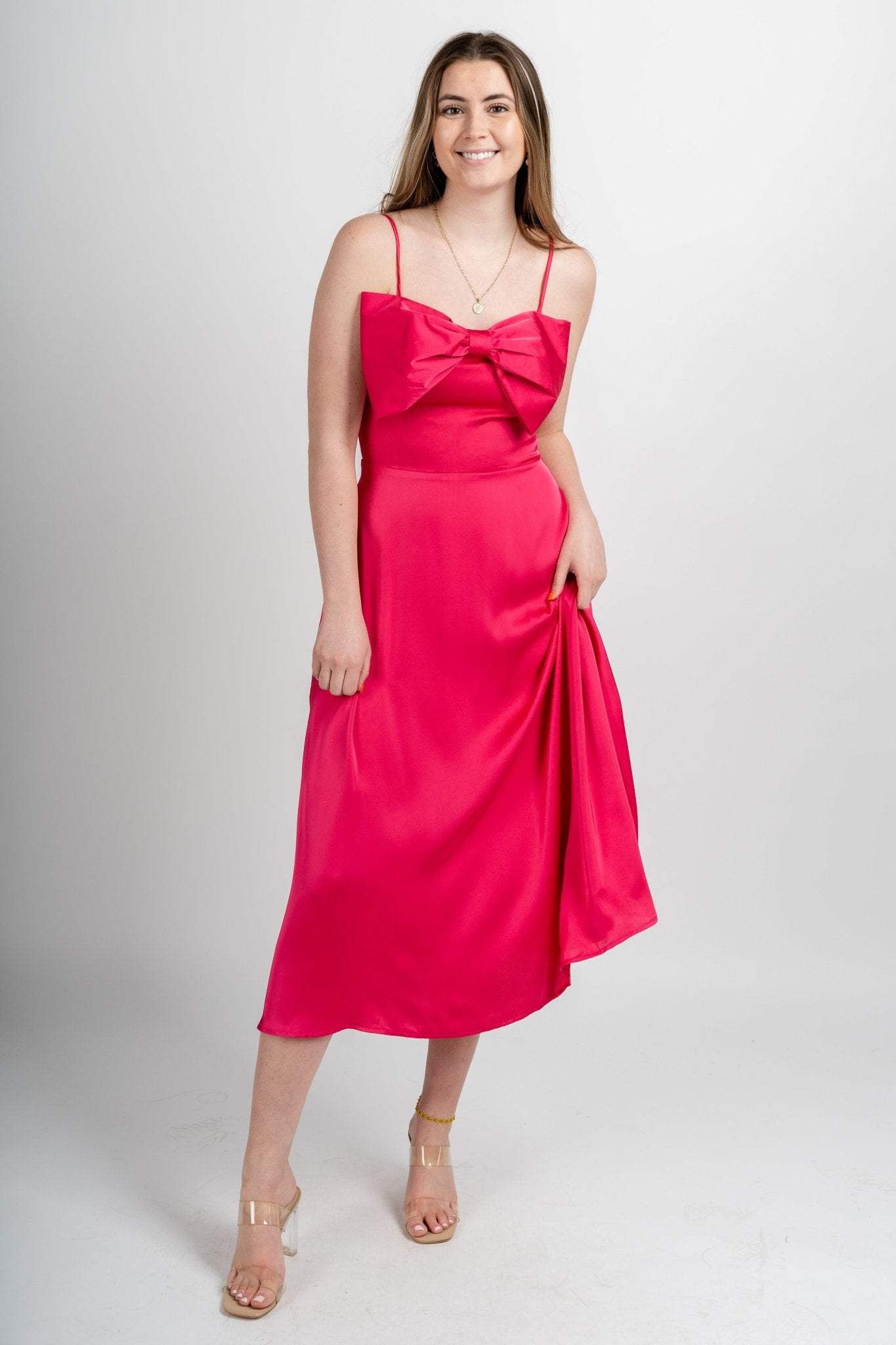 Satin bow detail dress fuchsia - Cute Dresses - Trendy Dresses at Lush Fashion Lounge Boutique in Oklahoma City