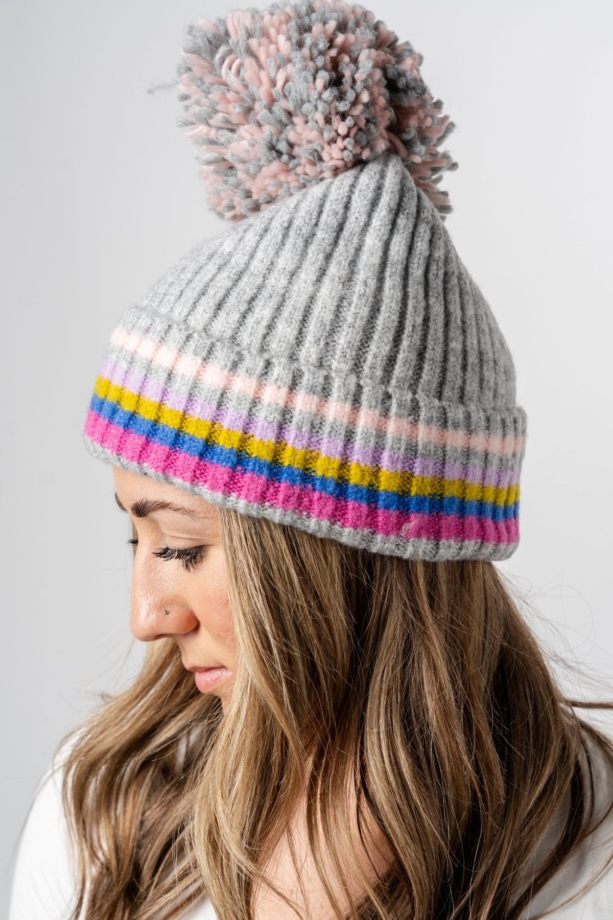 Ronen multi knit pom beanie grey - Trendy Gifts at Lush Fashion Lounge Boutique in Oklahoma City