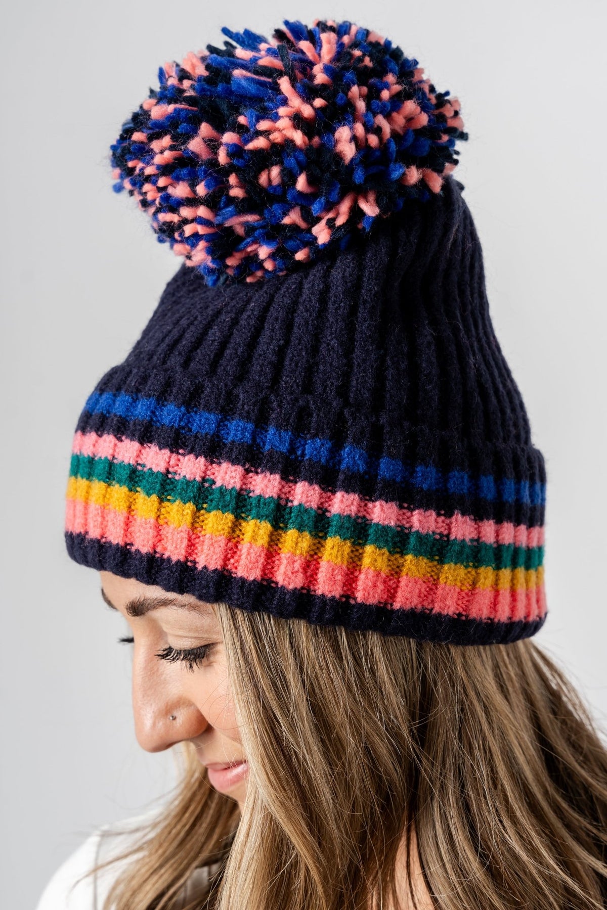 Ronen multi knit pom beanie navy - Trendy Gifts at Lush Fashion Lounge Boutique in Oklahoma City