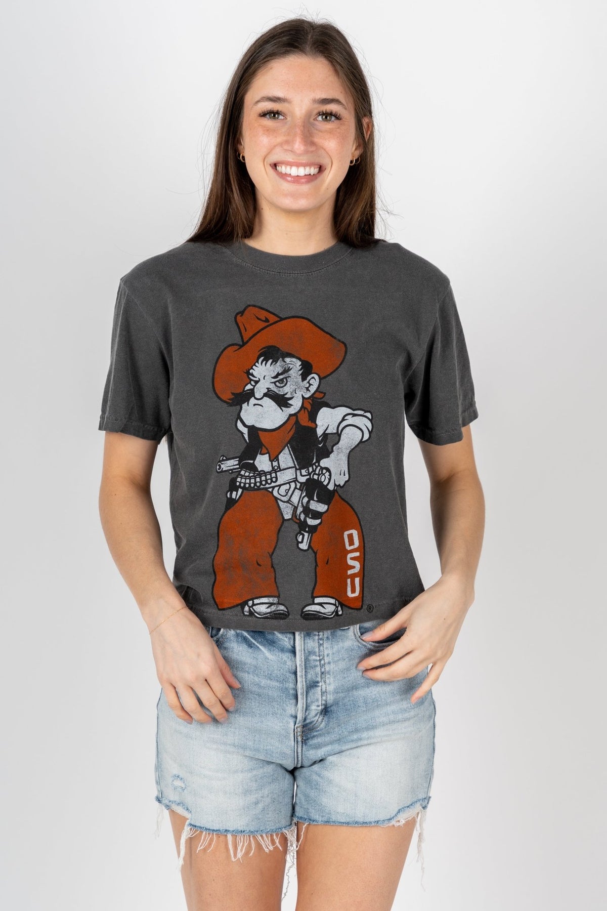OSU OSU Pete simple crop t-shirt pepper T-shirts | Lush Fashion Lounge Trendy Oklahoma State Cowboys Apparel & Cute Gameday T-Shirts