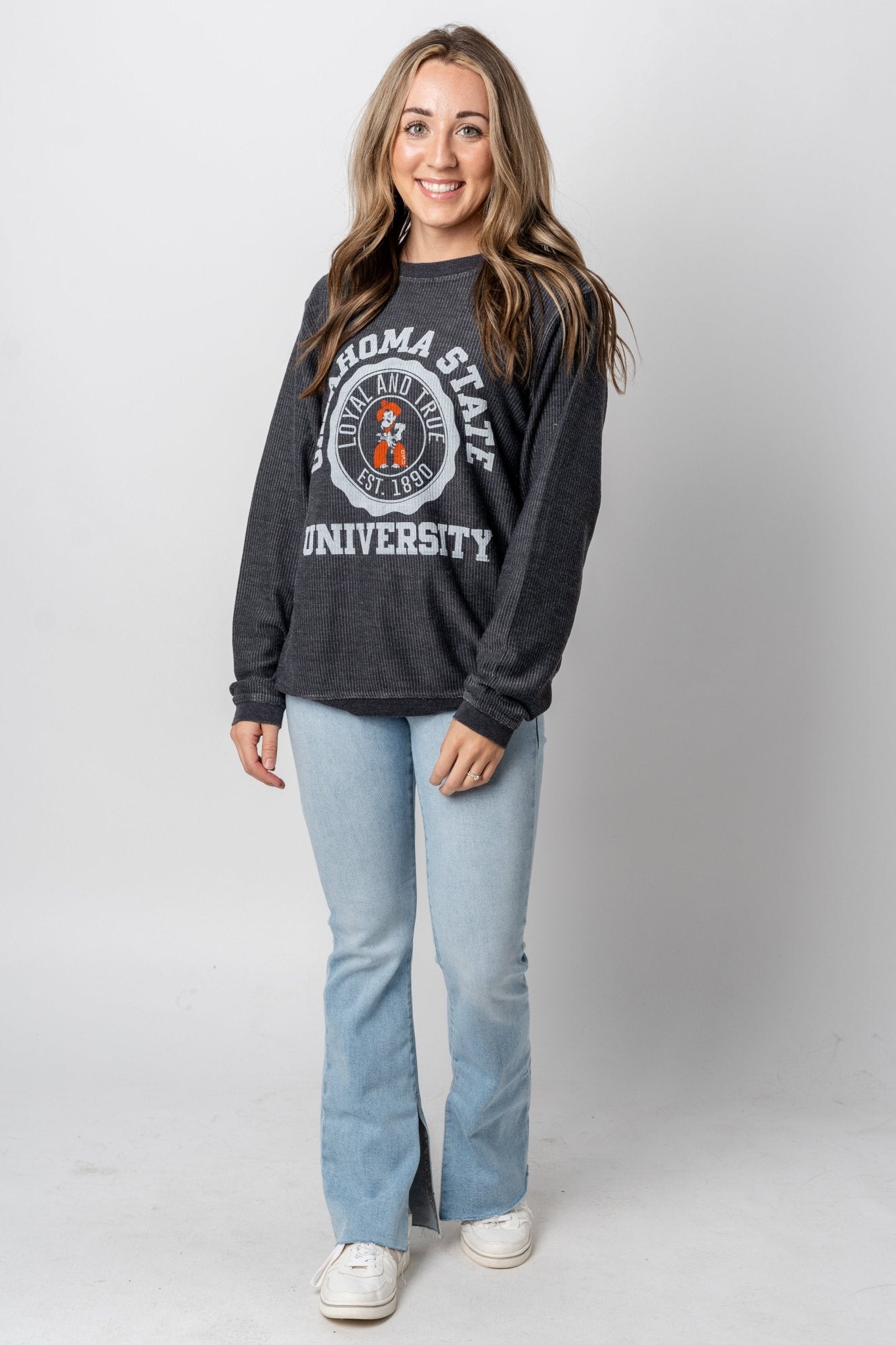 OSU OSU seal corded sweatshirt black t-shirt | Lush Fashion Lounge Trendy Oklahoma State Cowboys Apparel & Cute Gameday T-Shirts