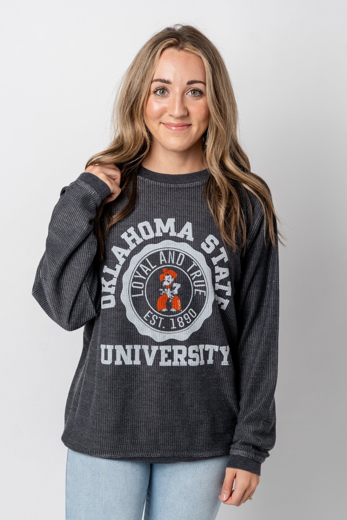 OSU OSU seal corded sweatshirt black t-shirt | Lush Fashion Lounge Trendy Oklahoma State Cowboys Apparel & Cute Gameday T-Shirts