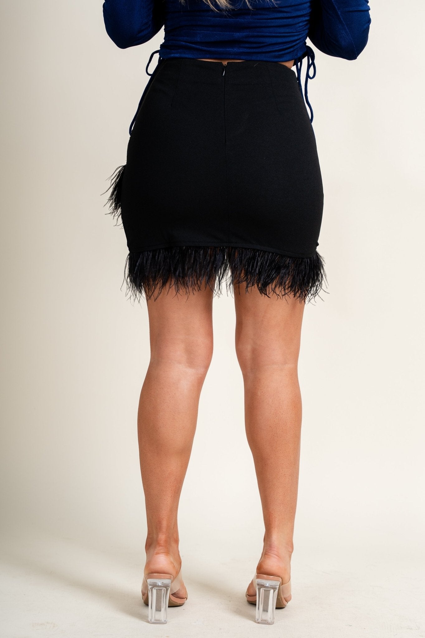 Feather trim wrap skirt black | Lush Fashion Lounge: boutique fashion skirts, affordable boutique skirts, cute affordable skirts