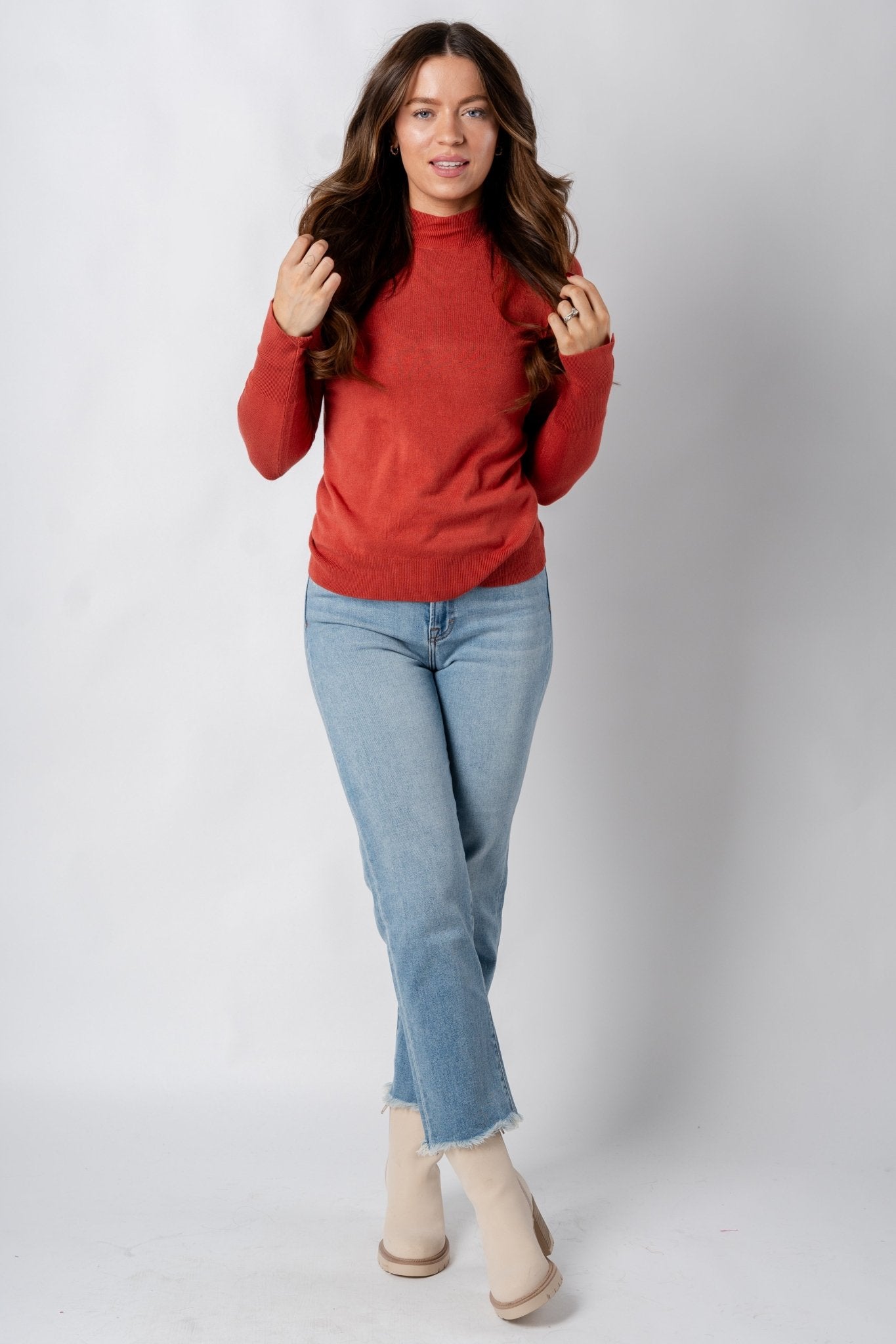 Mock neck long sleeve sweater rust - Trendy Sweaters | Cute Pullover Sweaters at Lush Fashion Lounge Boutique in Oklahoma City